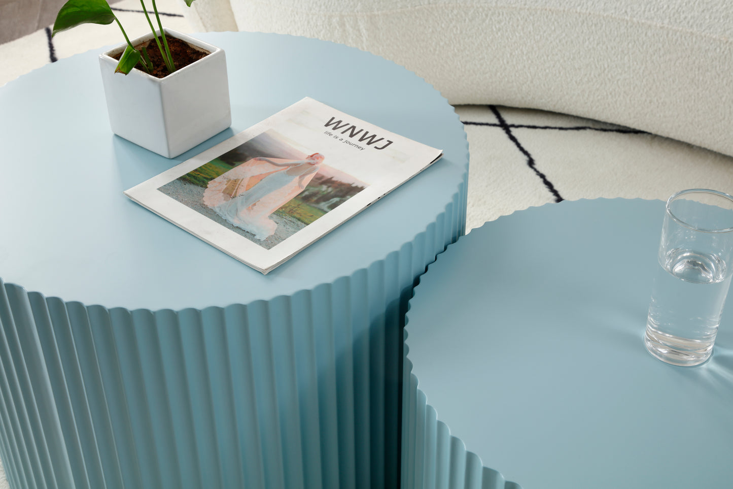 Handcrafted Blue MDF Nesting Coffee Tables Set of 2