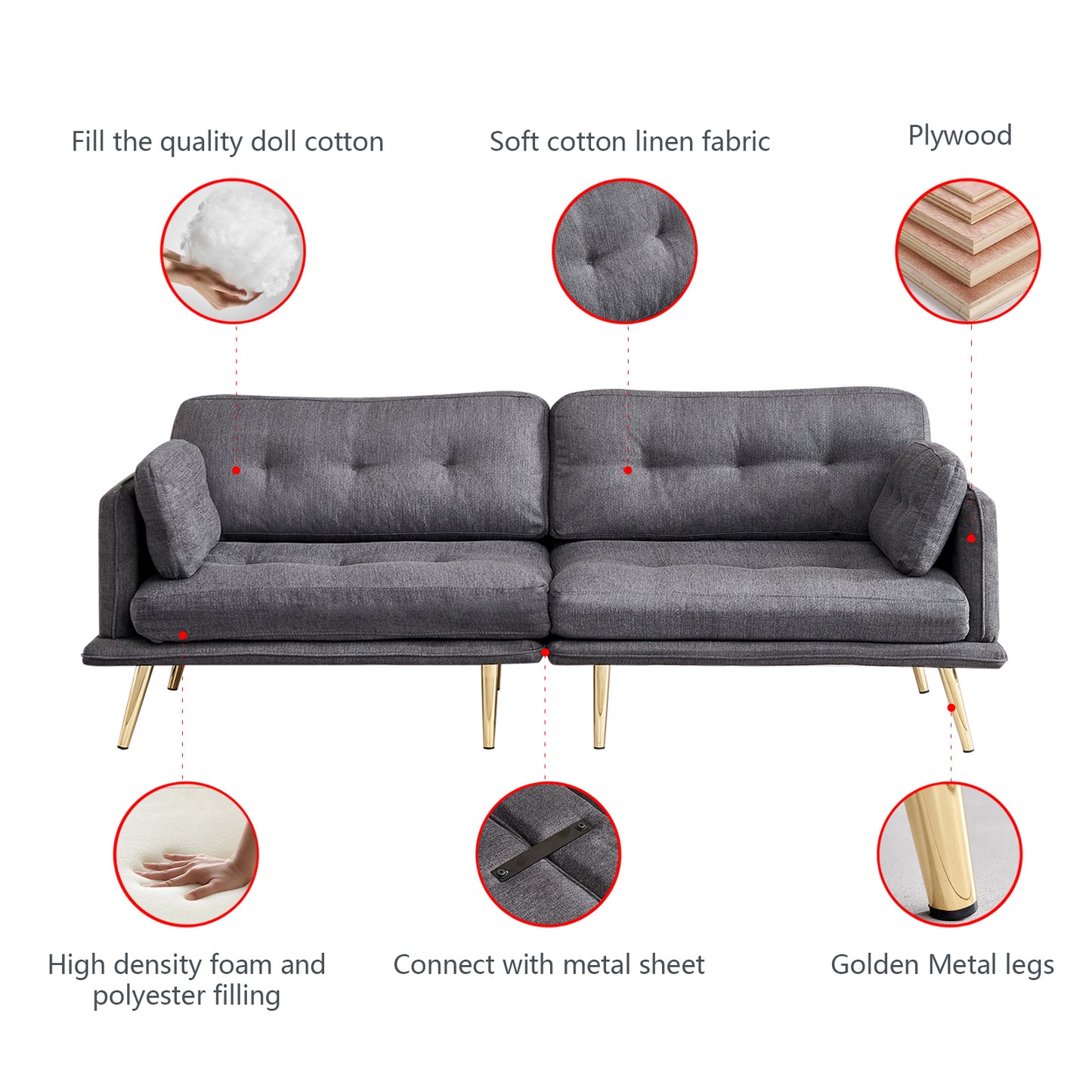 Elegant Dark Grey 3-Seat Sofa with Gold Metal Legs