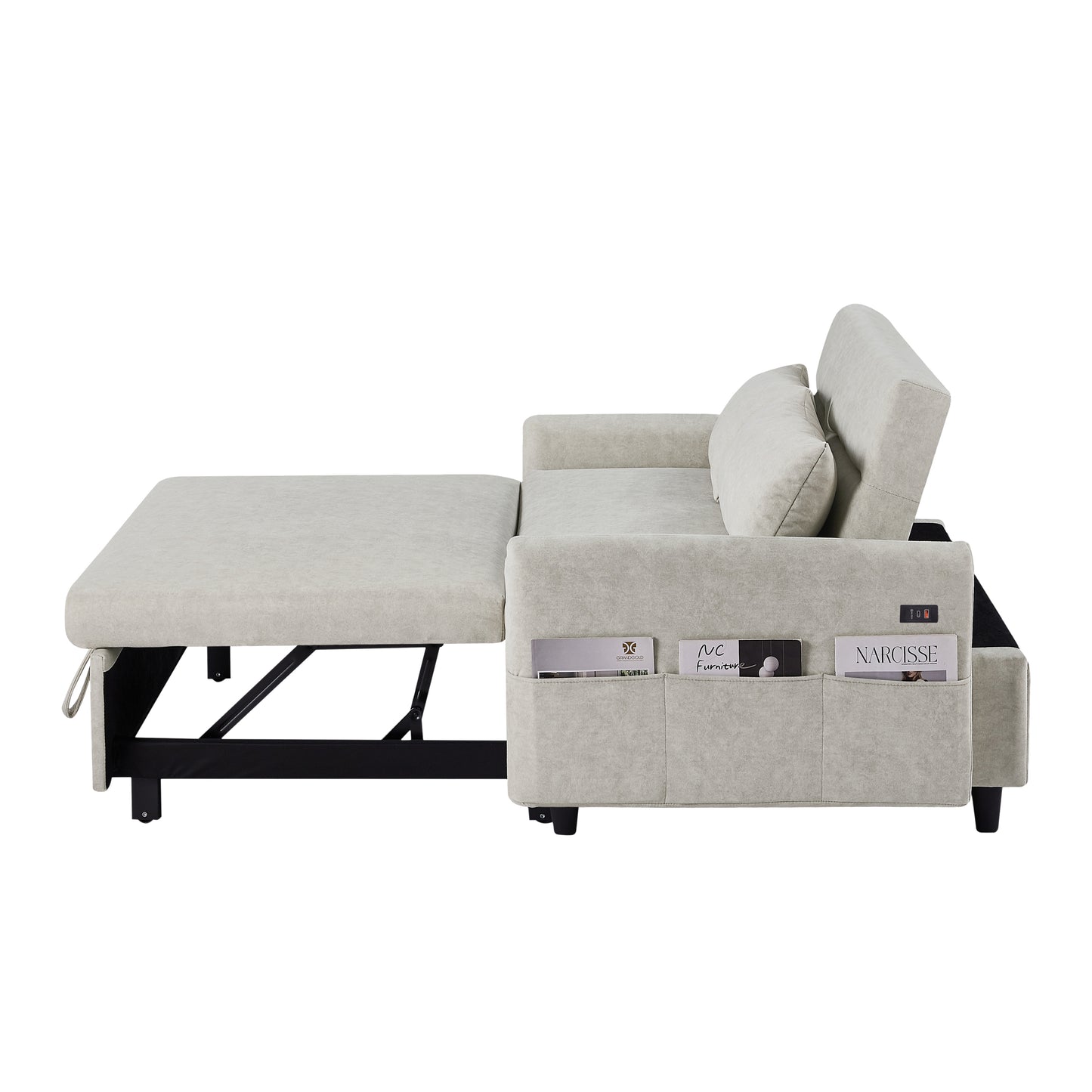 Adjustable Pull Out Sleep Sofa Bed Loveseat Couch with Storage Pockets, USB Ports, Beige