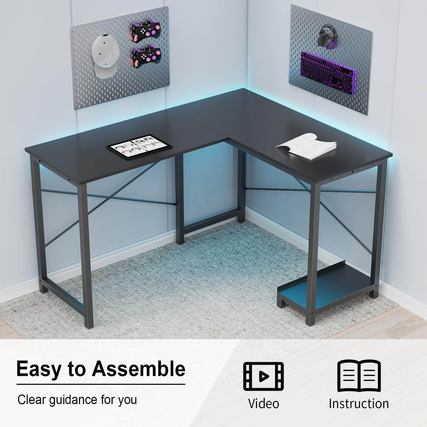 Black L-Shaped Modular Gaming Desk with Integrated Storage Options