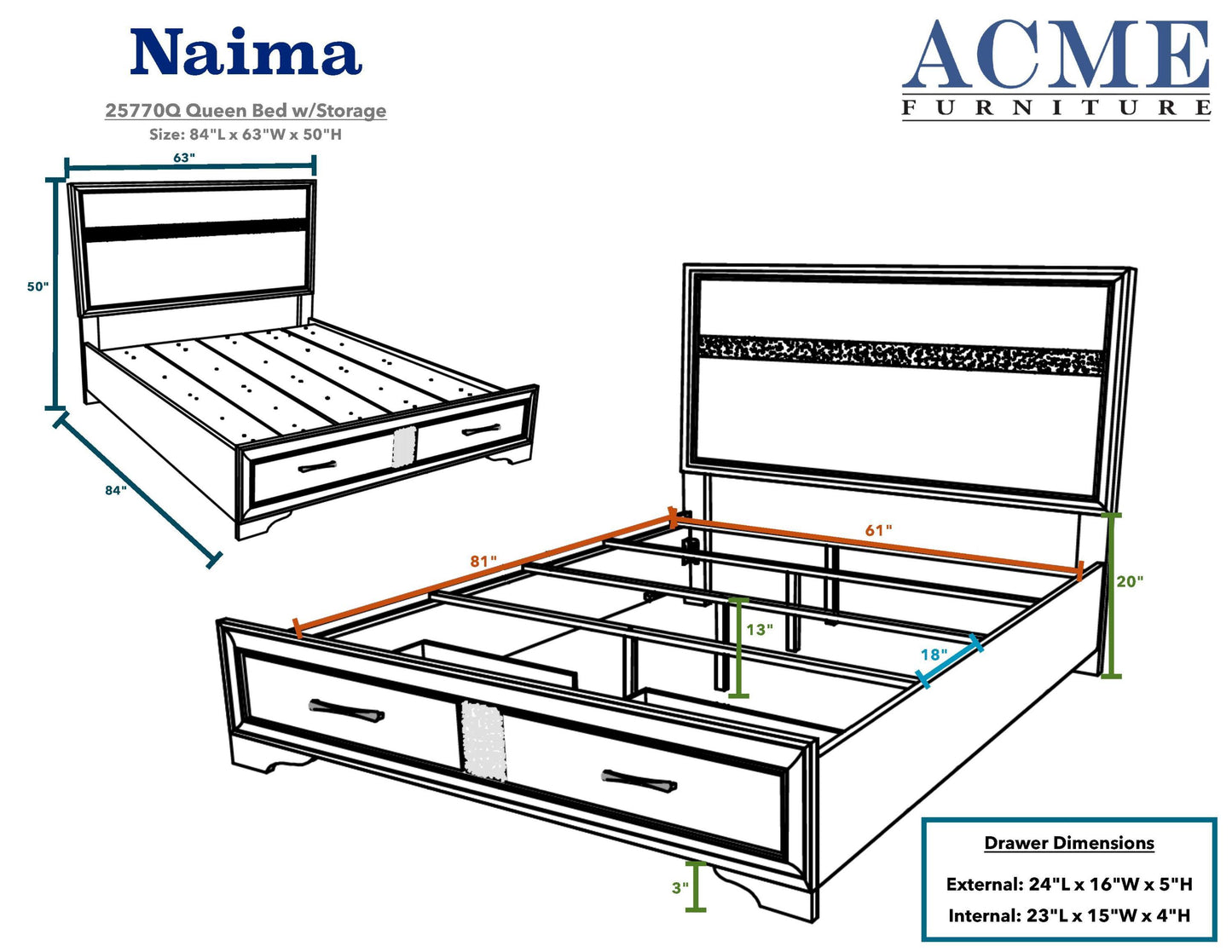 Naima Queen Bed in White 25770Q