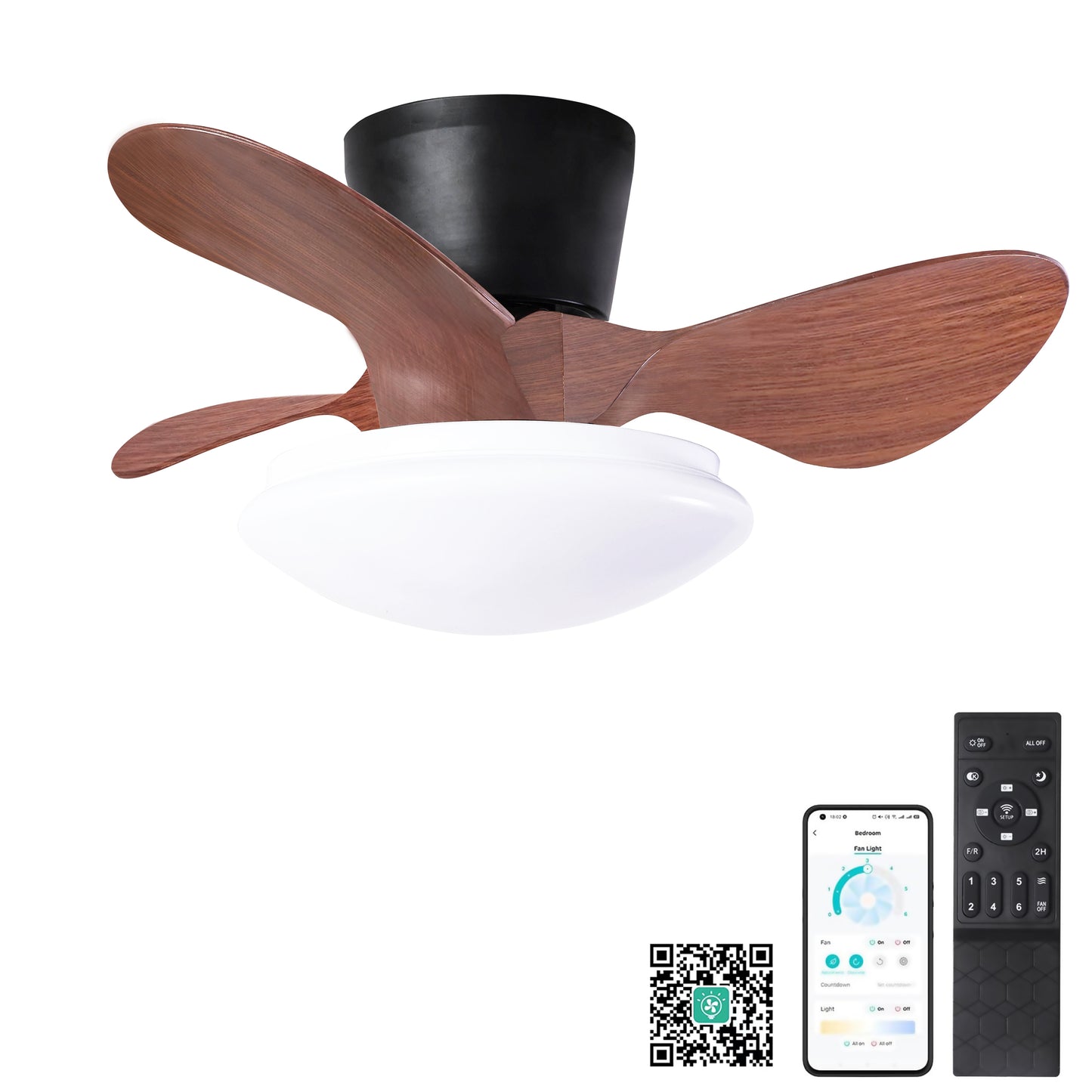 24'' Walnut Small Ceiling Fan with LED Lights, Remote Control, and Adjustable Color Temperature