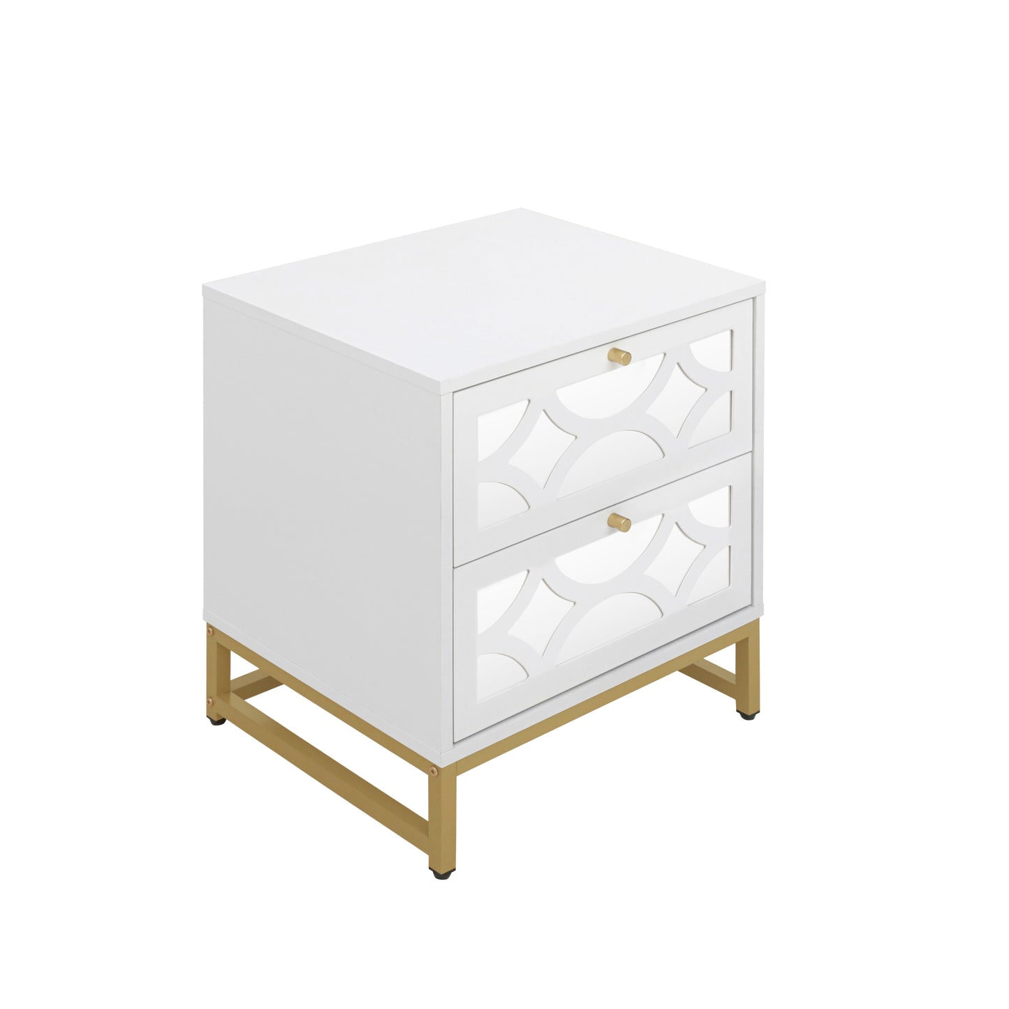 2 drawer nightstand,Small Bedside Table with 2 Drawers,White Mirrored Nightstand,with Gold Legs, Side Table with Storage for Bedroom, Living Room