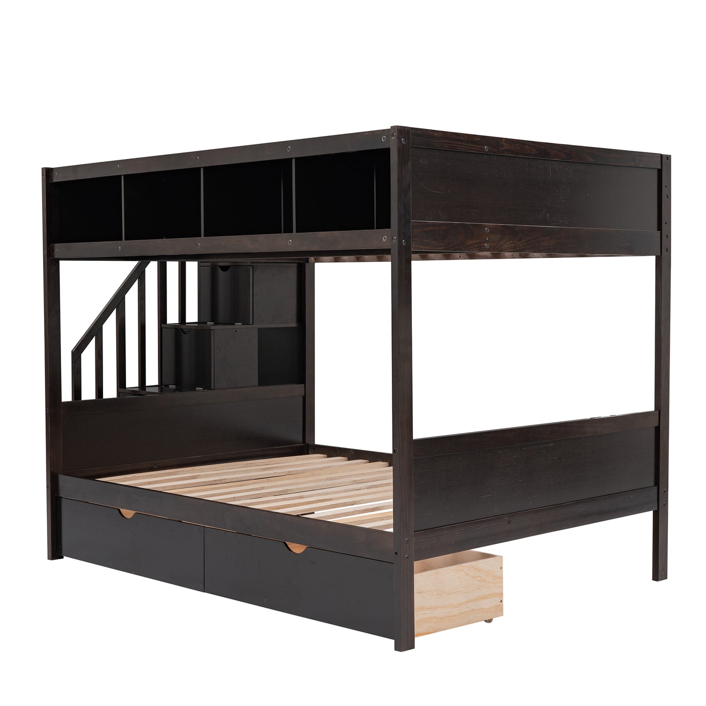 Espresso Finish Twin over Full Bunk Bed with Storage Staircase, Shelves, and 2 Drawers