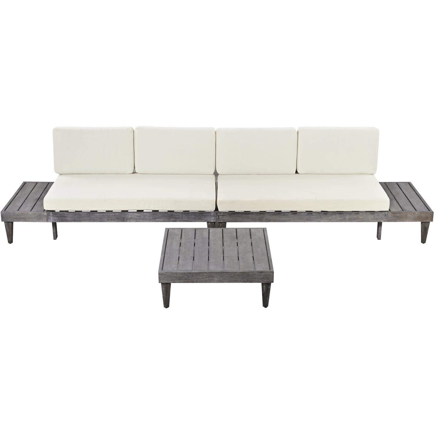 3-Piece Acacia Wood Patio Furniture Set with Conversation Sectional Sofa and Side Tables, Grey+Beige