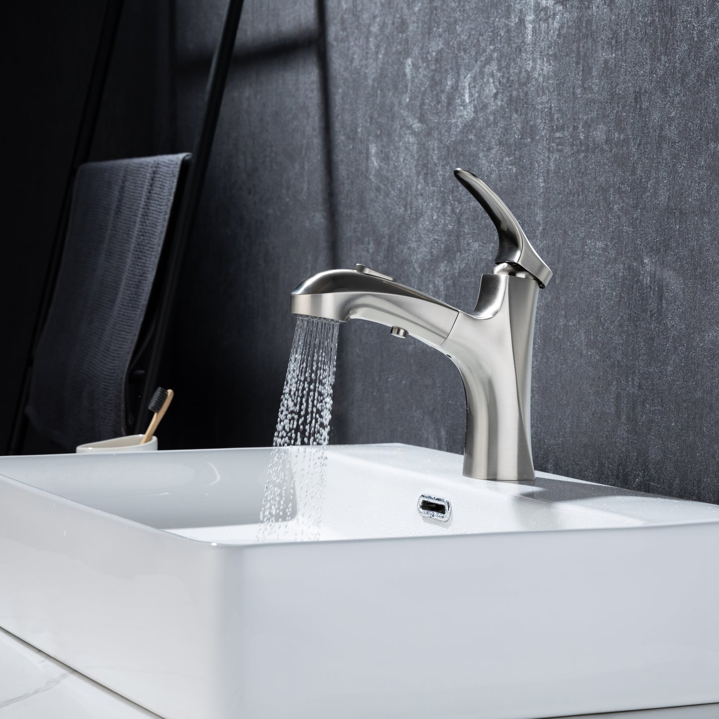 Modern Brushed Nickel Bathroom Faucet with Pull Out Sprayer and Single Handle