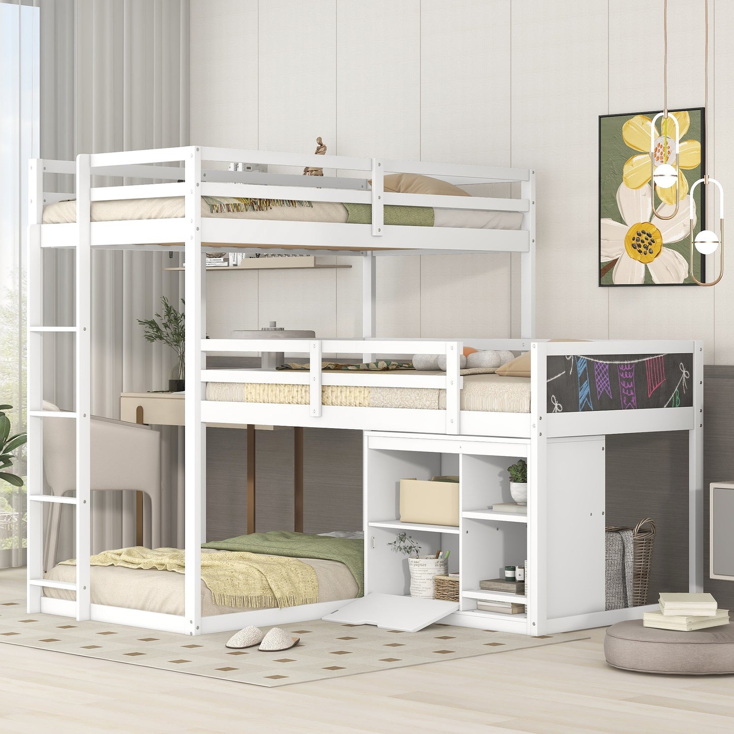 L-Shaped Triple Bunk Bed with Storage Cabinet, Blackboard, and White Finish - Innovative Space-Saving Solution