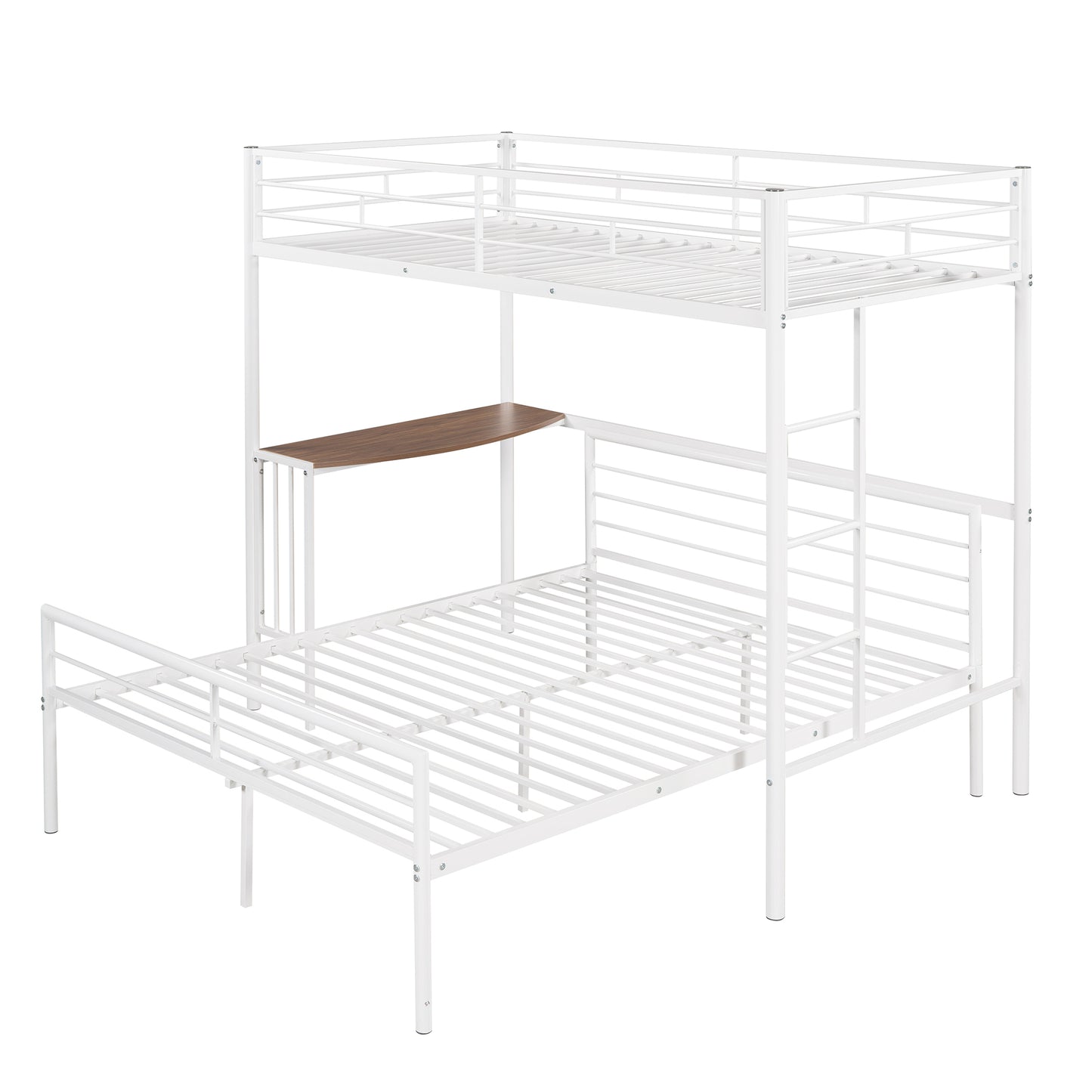 Metallic White Twin Over Full Bunk Bed with Desk and Ladder