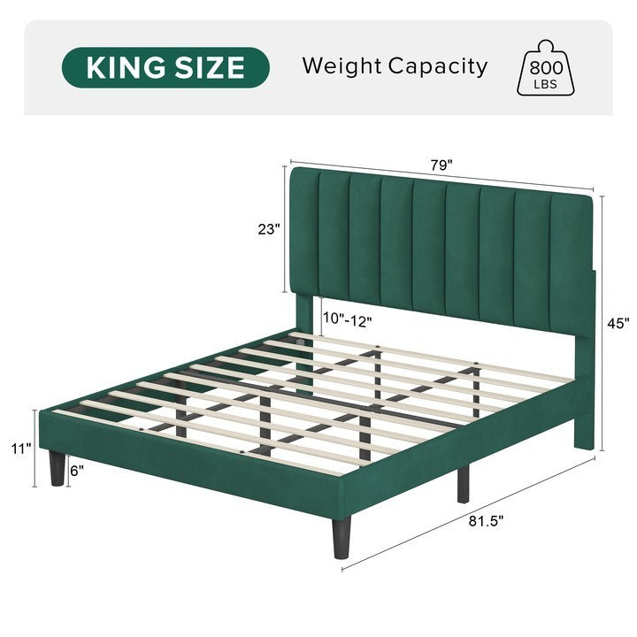 Molblly King Size Bed Frame with Upholstered Headboard, Strong Frame, and Wooden Slats Support, Non-Slip, and Noise-Free, No Box Spring Needed, Easy Assembly,Green