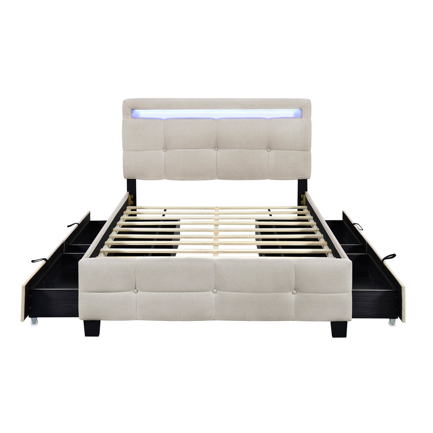 Full Size Upholstered Platform Bed with LED Frame and 4 Drawers, Linen Fabric, Beige