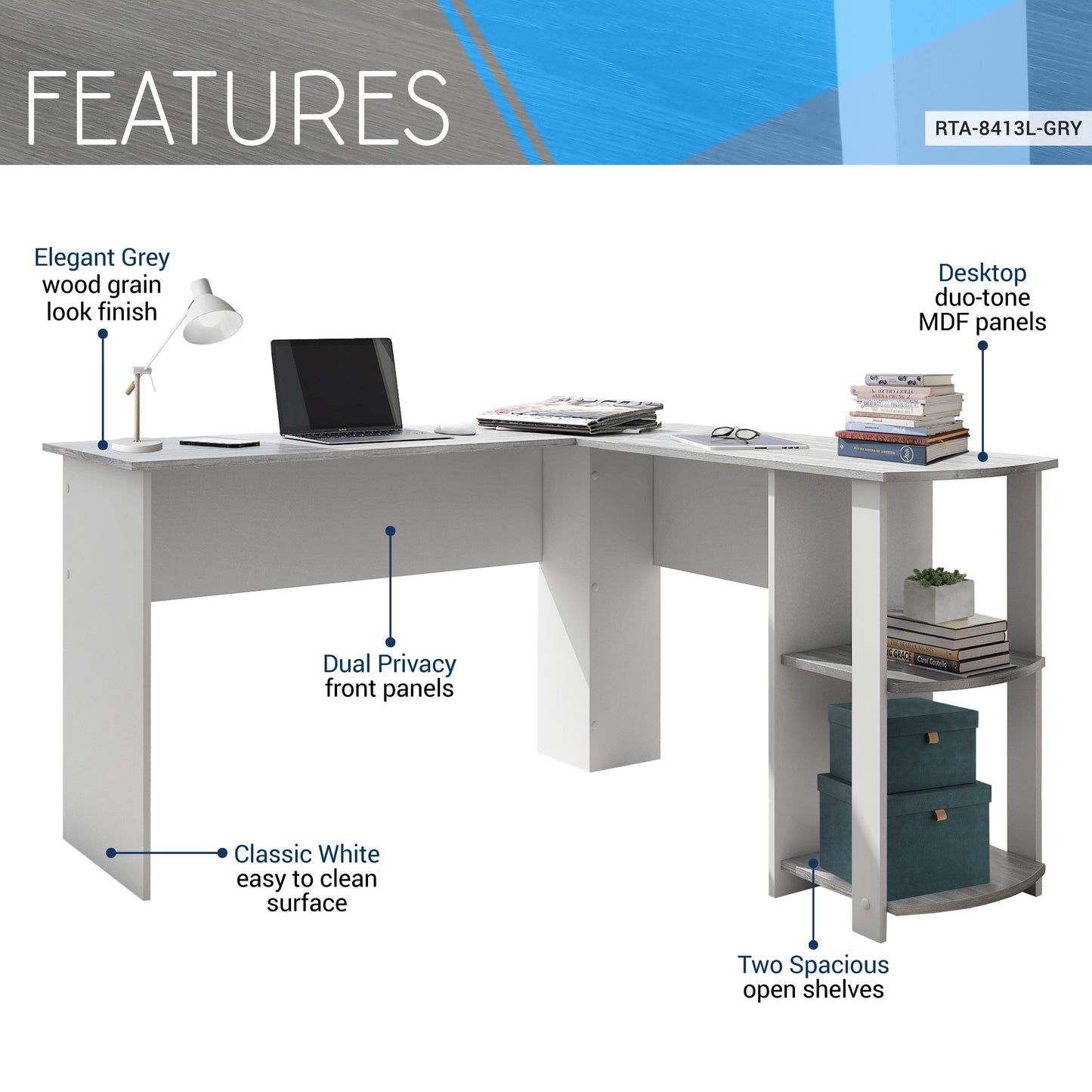 Grey L-Shaped Desk with Convenient Side Shelves