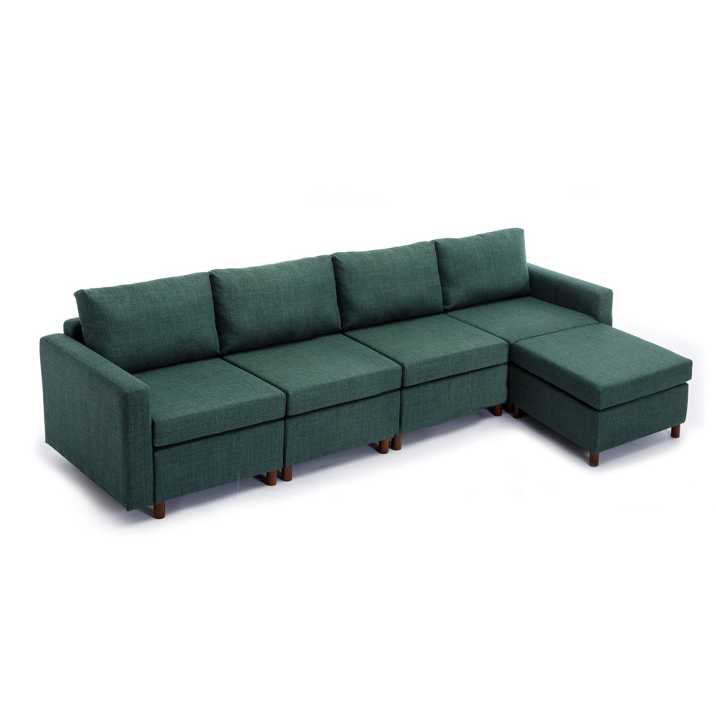 Modern 4 Seat Module Sectional Linen Sofa Set with Ottoman, Green