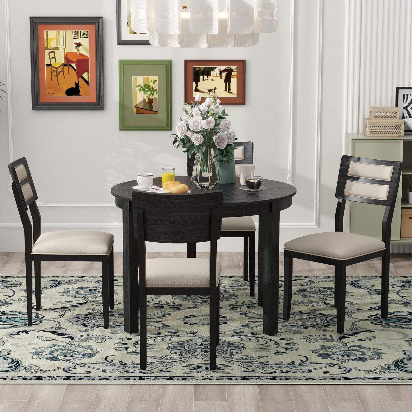 TREXM 5-Piece Multifunctional Dining Table Set, Farmhouse Dining Set with Extendable Round Table,Two Small Drawers and 4 Upholstered Dining Chairs for Kitchen and Dining Room (Black)