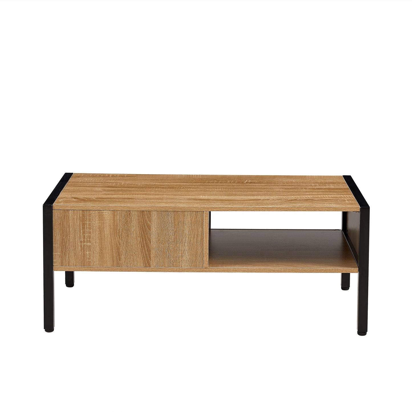 Rattan Coffee Table with Sliding Door Storage and Metal Legs for Modern Living Room