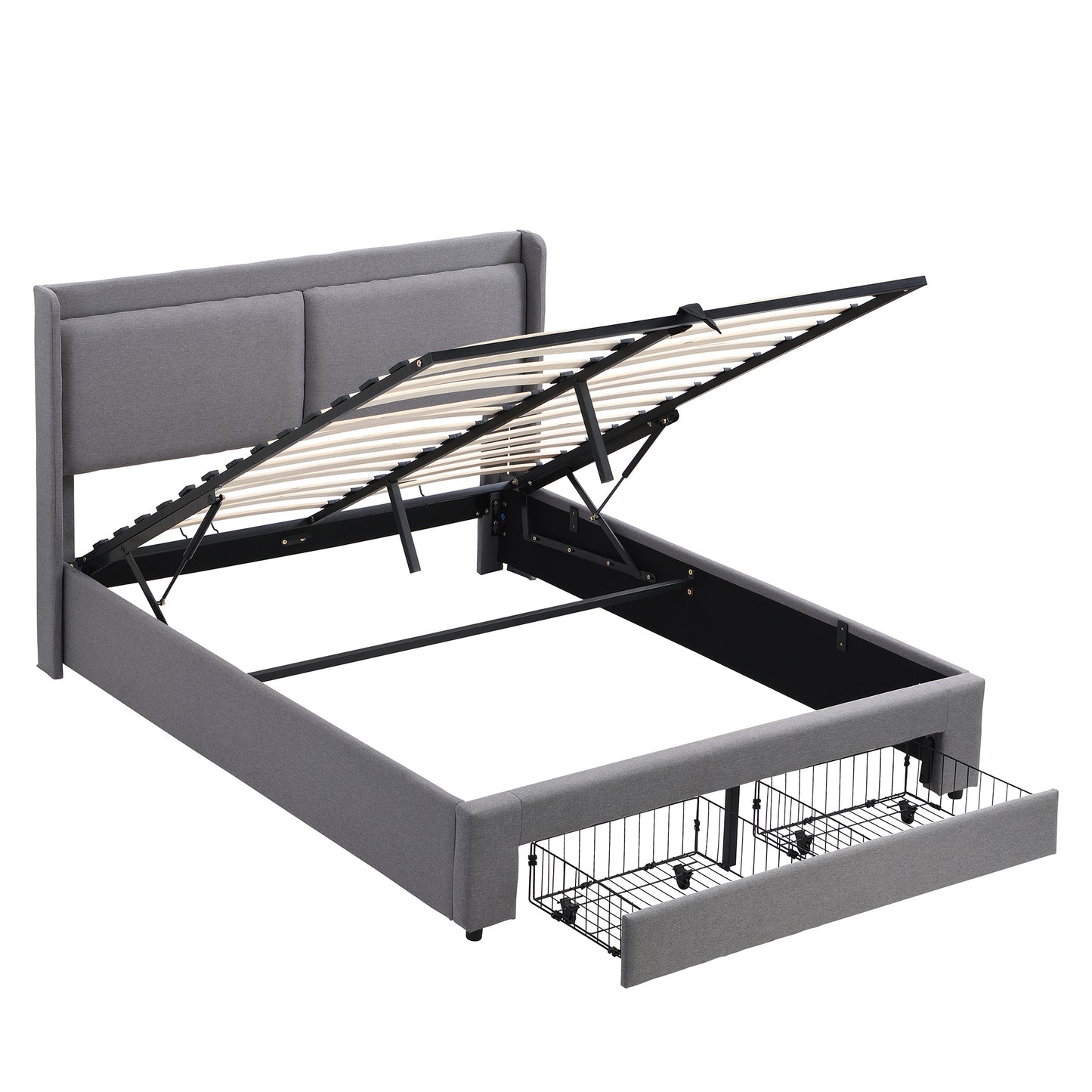 Queen Size Storage Upholstered Hydraulic Platform Bed with 2 Drawers, Gray