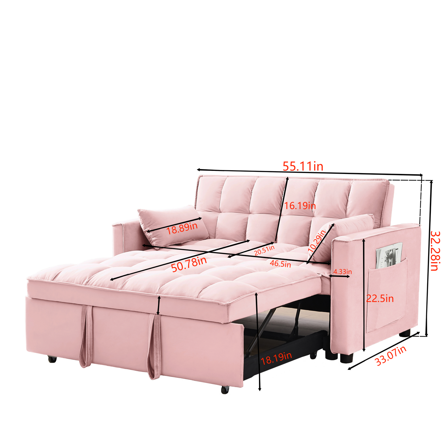 Modern Velvet Loveseat Futon Sofa Couch w/Pullout Bed, Small Love Seat Lounge Sofa w/Reclining Backrest, Toss Pillows, Pockets, Furniture for Living Room,3 in 1 Convertible Sleeper Sofa Bed,  pink