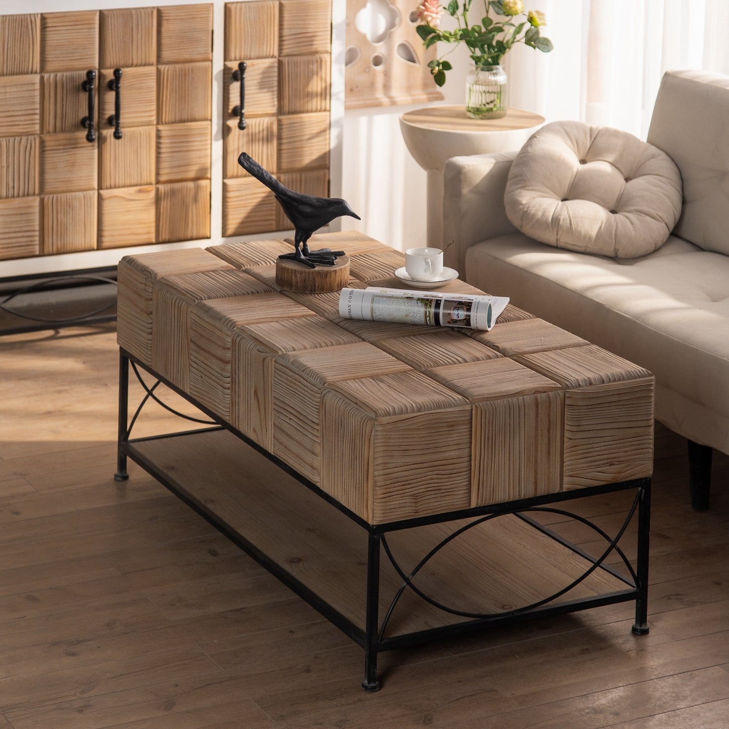 Retro Square Coffee Table with Small Grid Splicing Design