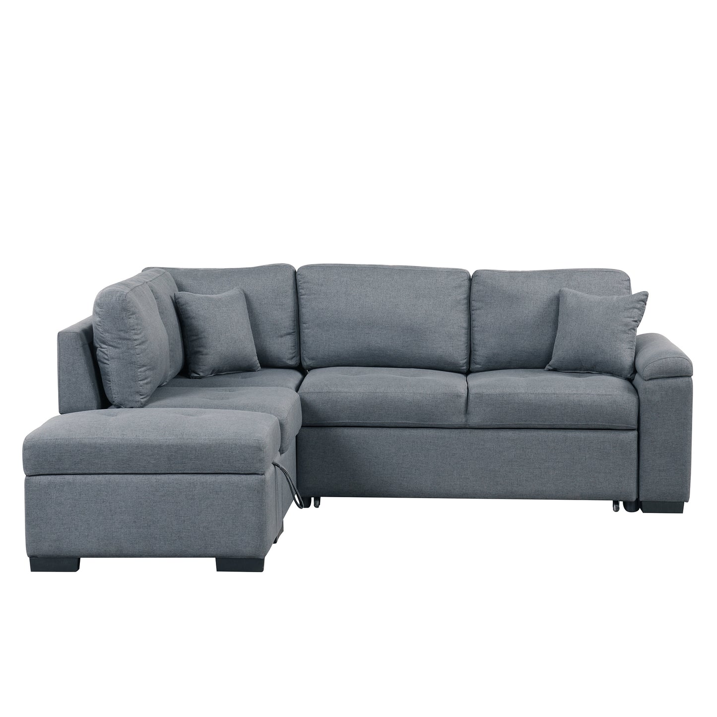 L-Shaped Sleeper Sectional Sofa with Ottoman and USB Charge, Dark Gray