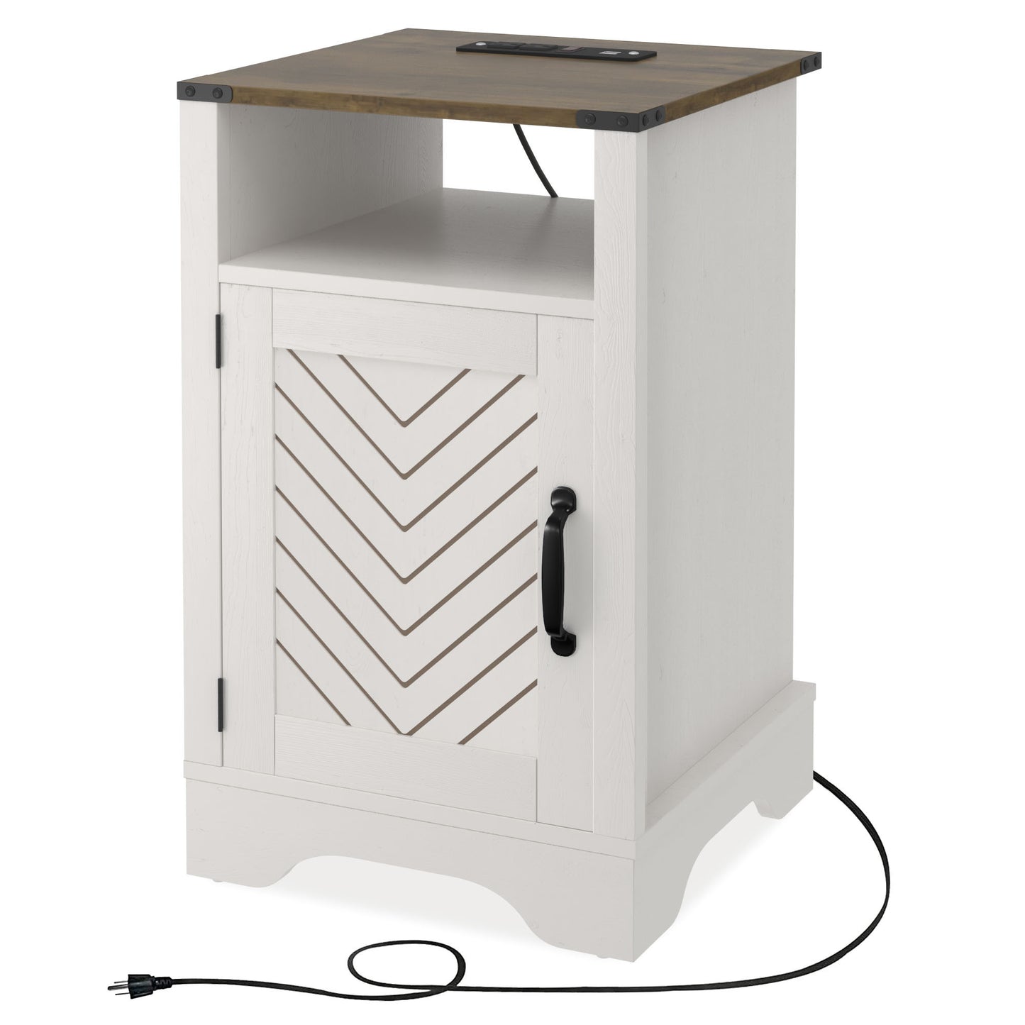 Farmhouse Nightstand Side Table, Wooden Rustic End Table, Tall Bedside Table with Electrical Outlets Charging Station  (2 Sets) - White & Oak