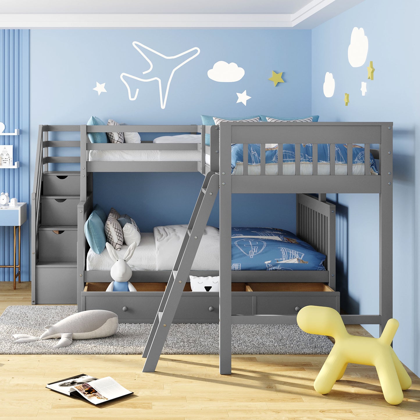 Gray Twin over Full L-Shaped Bunk Bed with Storage Drawers