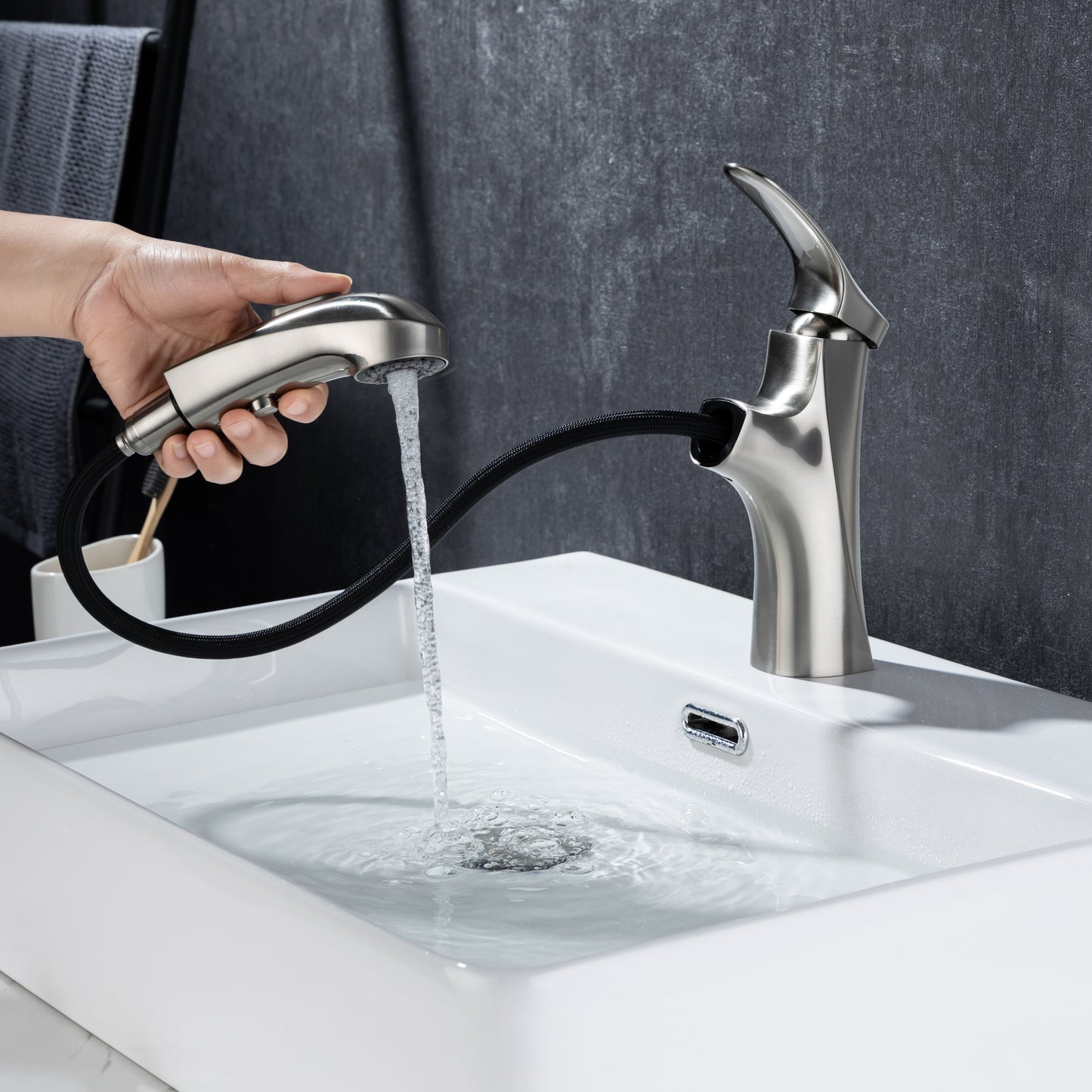 Modern Brushed Nickel Bathroom Faucet with Pull Out Sprayer and Single Handle