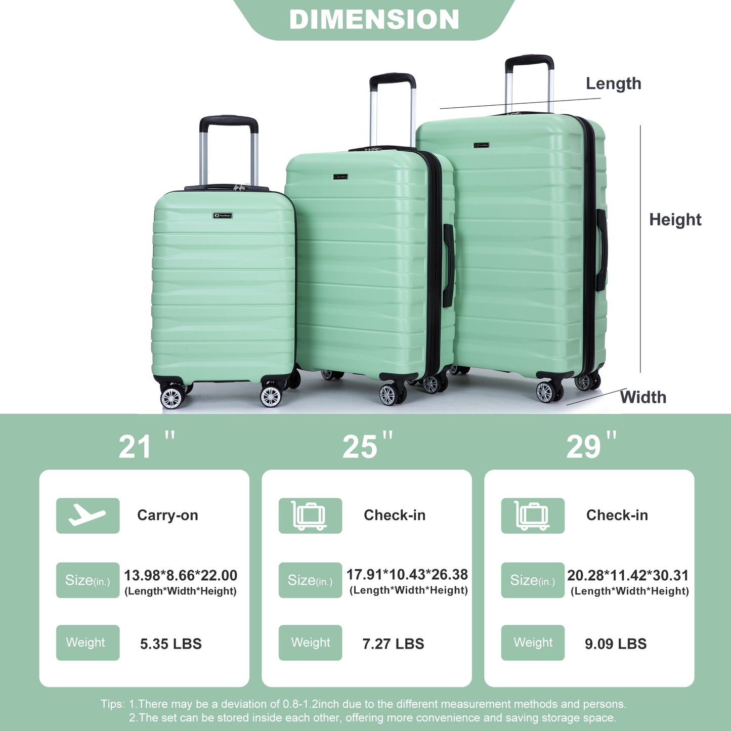 3 Piece Luggage Sets PC Lightweight & Durable Expandable Suitcase with Two Hooks, Double Spinner Wheels, TSA Lock, (21/25/29) Light Green