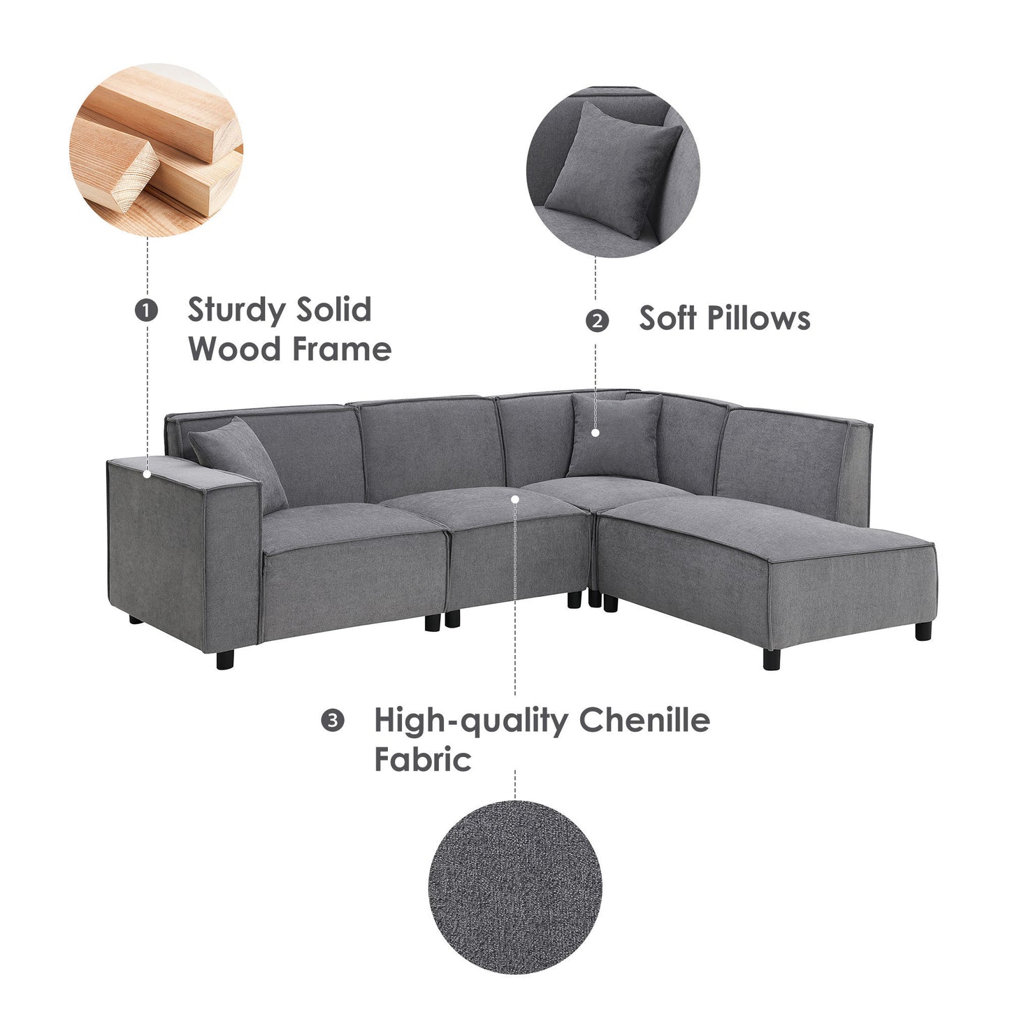 97*74" Modern Minimalist Style Sectional Sofa,L-shaped Couch Set with 2 Free pillows,5-seat Chenille Fabric Couch with Chaise Lounge for Living Room, Apartment, Office,2 Colors