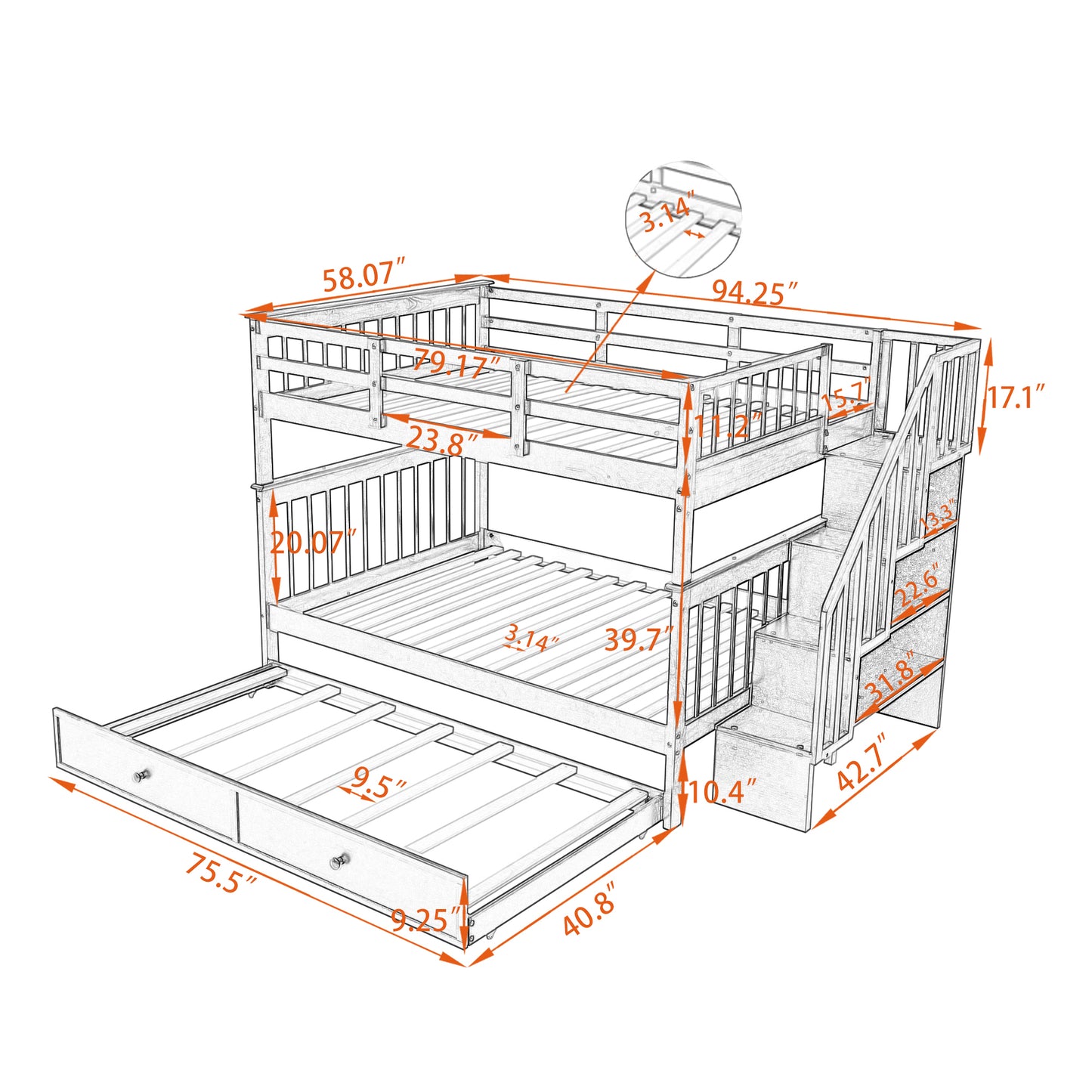 Stairway Full-Over-Full Bunk Bed with Twin Trundle, Storage and Guard Rail - White Oasis for Bedroom