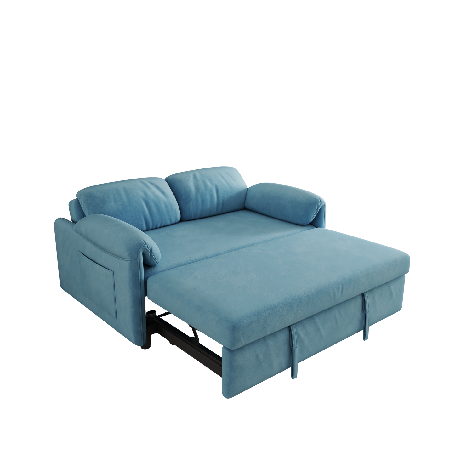 54 Blue Velvet Sofa Bed with Retractable Dual Purpose and Armrest Storage Bag