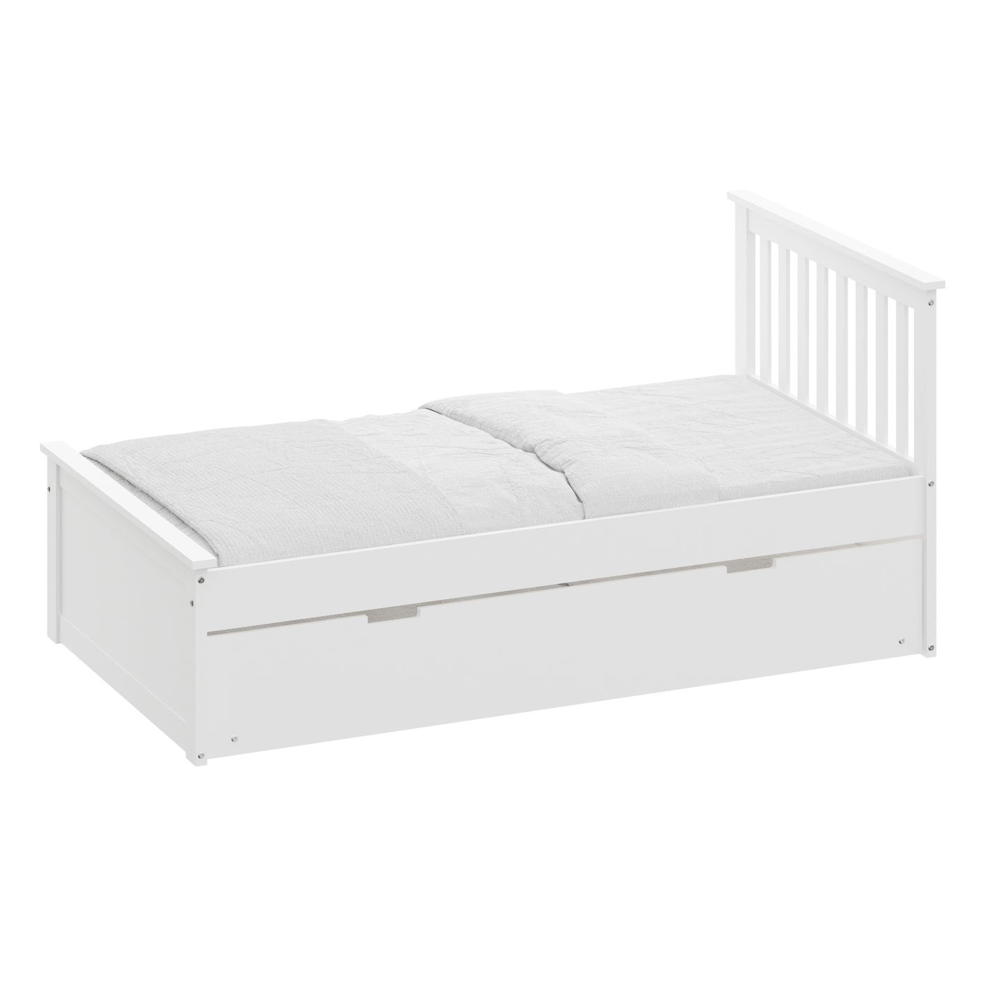 White Twin Trundle Bed, Heavy Duty Malibu Solid Wood Bed Frame with Twin Size Pull Out Toddler Trundle Bed for Kids