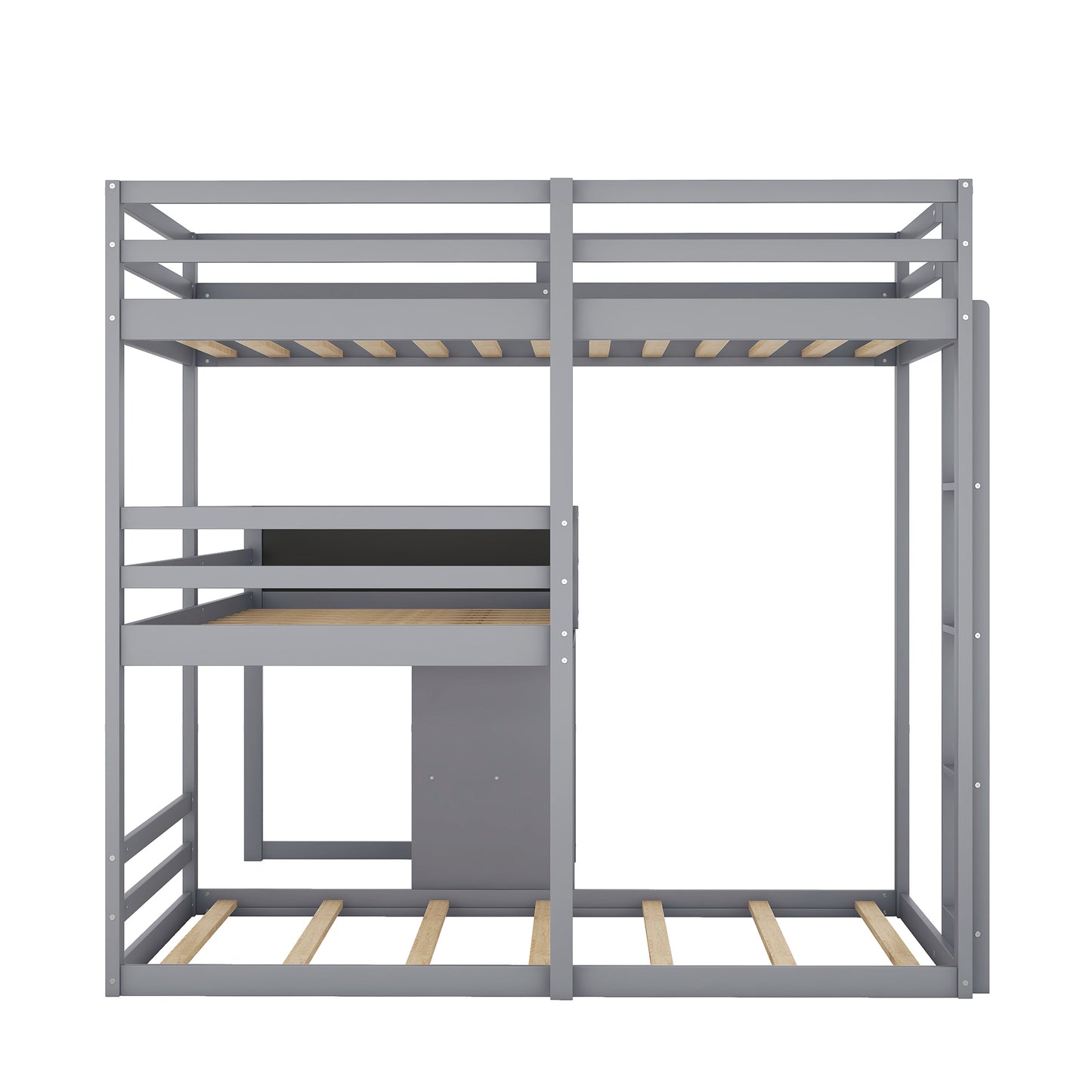 Gray L-shaped Triple Bunk Bed with Storage and Blackboard