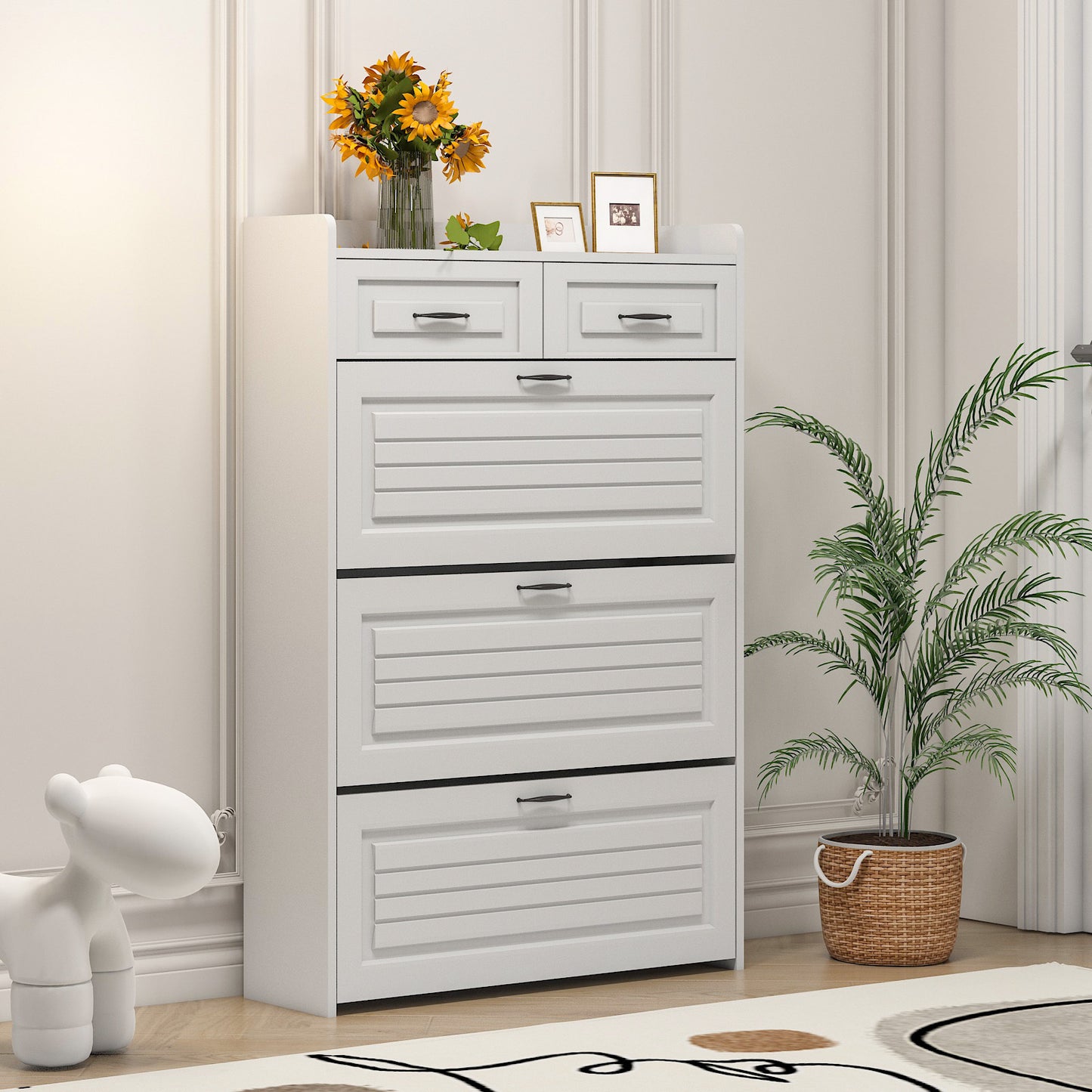 White color shoe cabinet  with 3 doors 2 drawers,PVC door with shape ,large space for storage