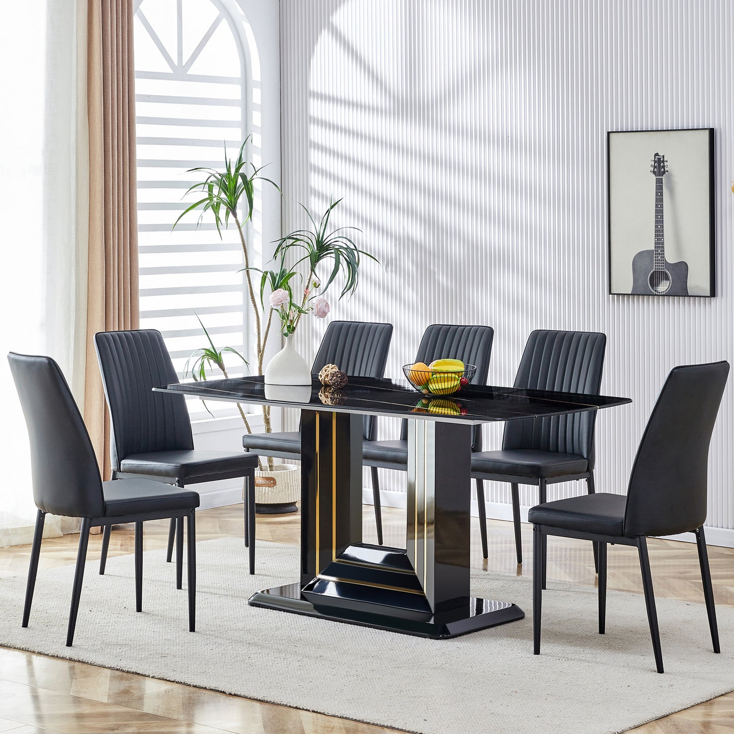 7-Piece Faux Marble Dining Table Set, Glass Rectangular Kitchen Table for 6-8, Modern Black Faux Marble Dining Room Table with MDF Base, Dining Table & 6 Chairs