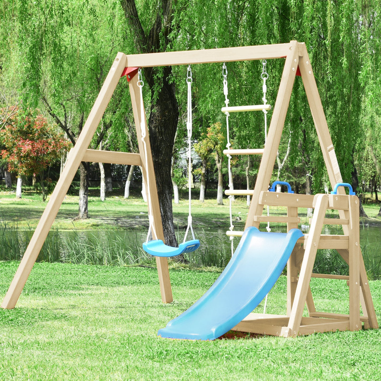 Wooden Swing Set with Slide and Climbing Rope Ladder for Toddler and Kids