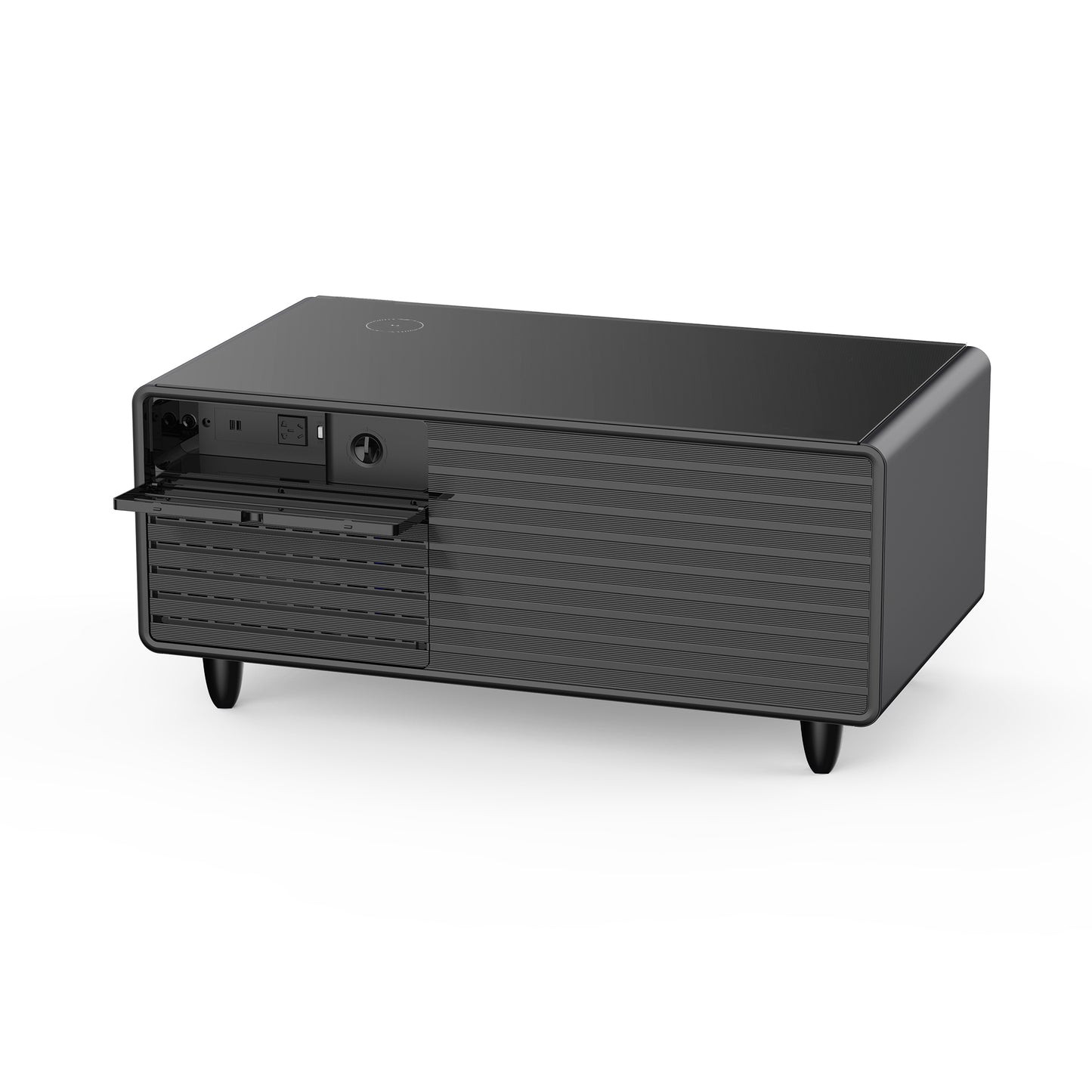 Black Smart Coffee Table with Refrigerated Storage, Wireless Charging, and Power Outlets