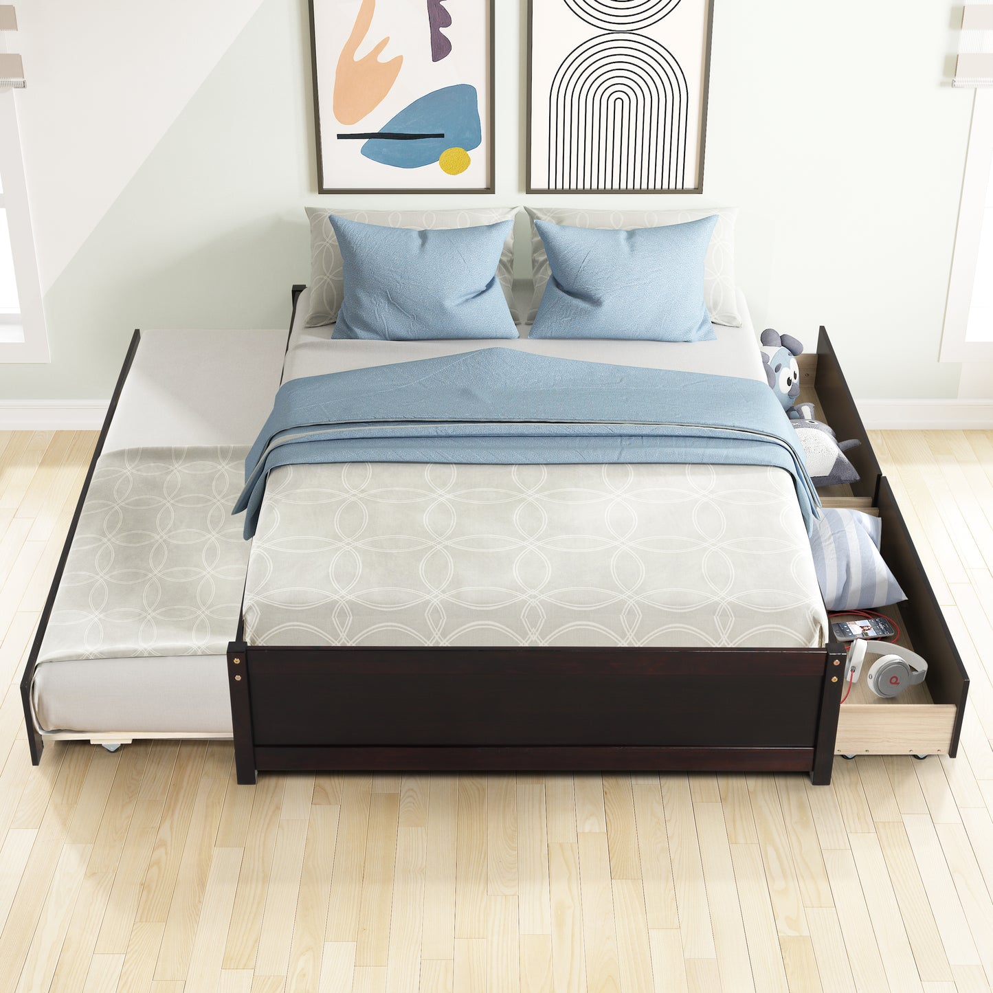 FULL BED WITH TWIN SIZE TRUNDLE AND TWO DRAWERS FOR ESPRESSO COLOR