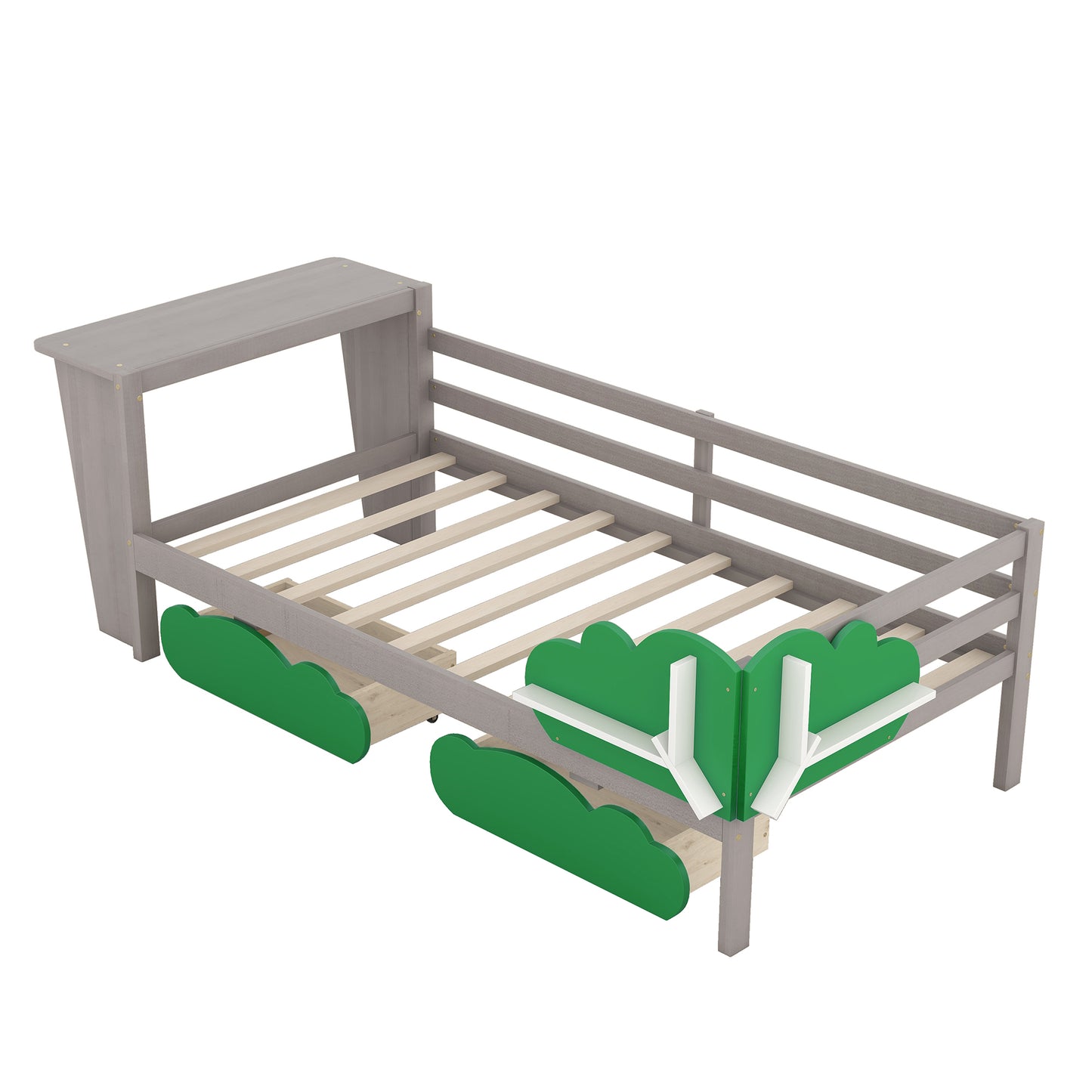 Twin Size Daybed with Desk, Green Leaf Shape Drawers and Shelves, Gray