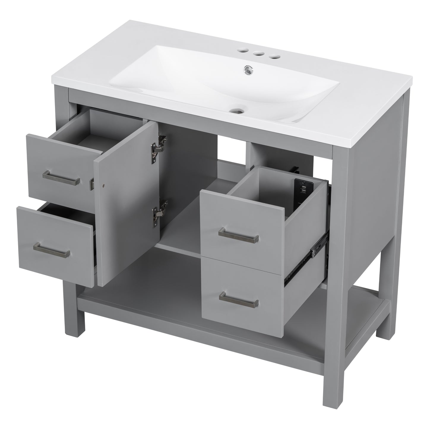 36" Gray Modern Bathroom Vanity with USB,Two Shallow Drawers, One Deep Drawer,One door,Single Resin Sink,Small Bathroom Organization Cabinet