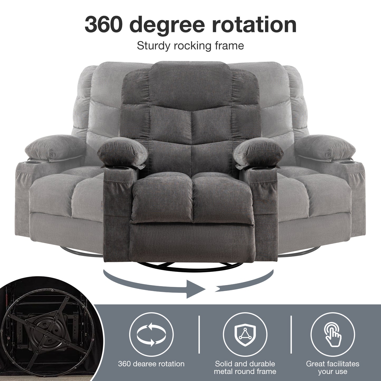 Grey Rocking Recliner Chair with Vibration Massage, Heating, and Rocking Function