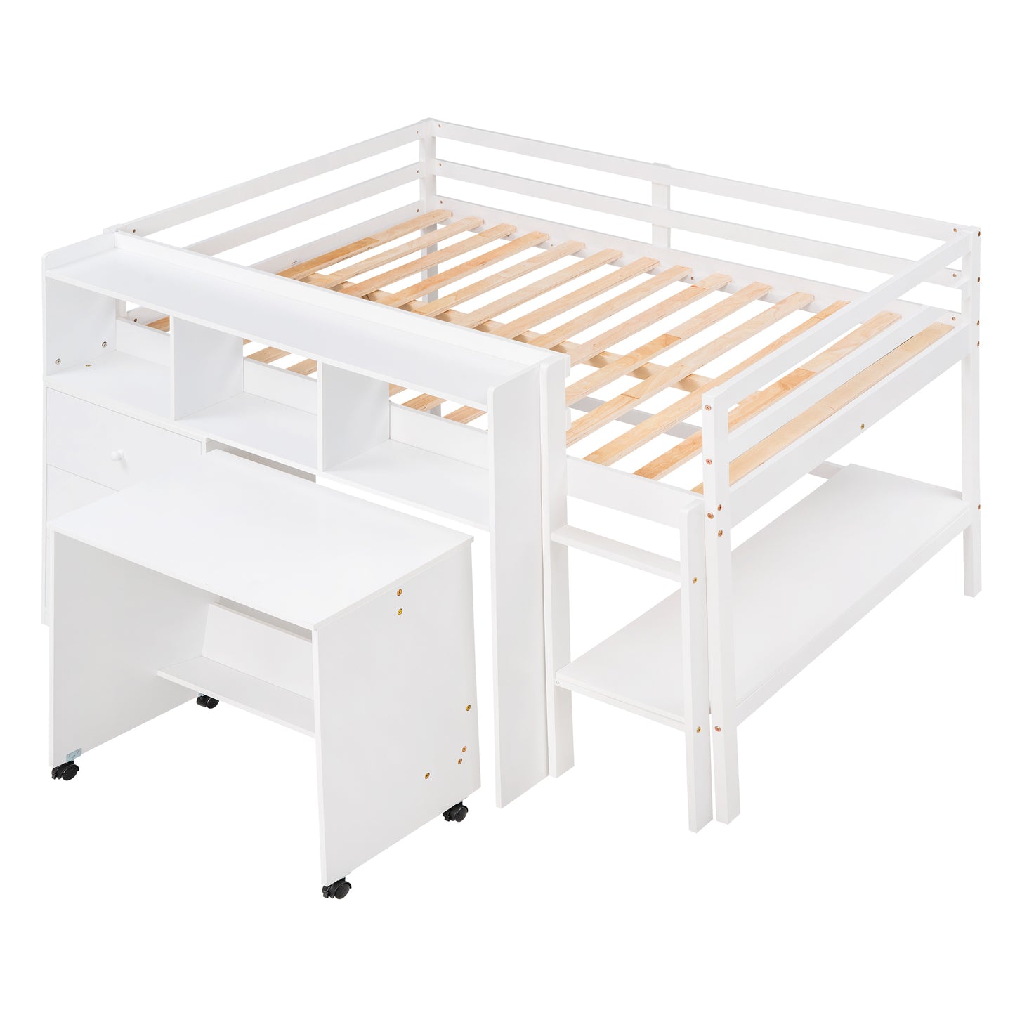 Full Size Low Loft Bed with Rolling Portable Desk, Drawers and Shelves, White(: GX000711AAK)