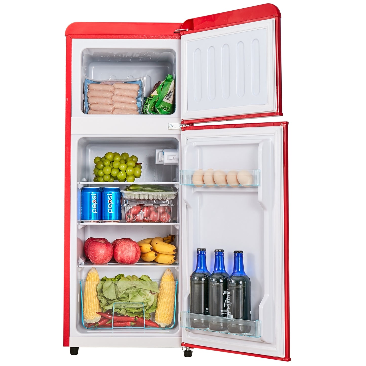 Compact Dual Zone Refrigerator with 3.3 Cu.Ft Fridge + 1.2 Cu.Ft 4-Star Freezer, 7 Temperature Settings, 45 dB, Red, Silver Handles, LED Lighting, Adjustable Shelves