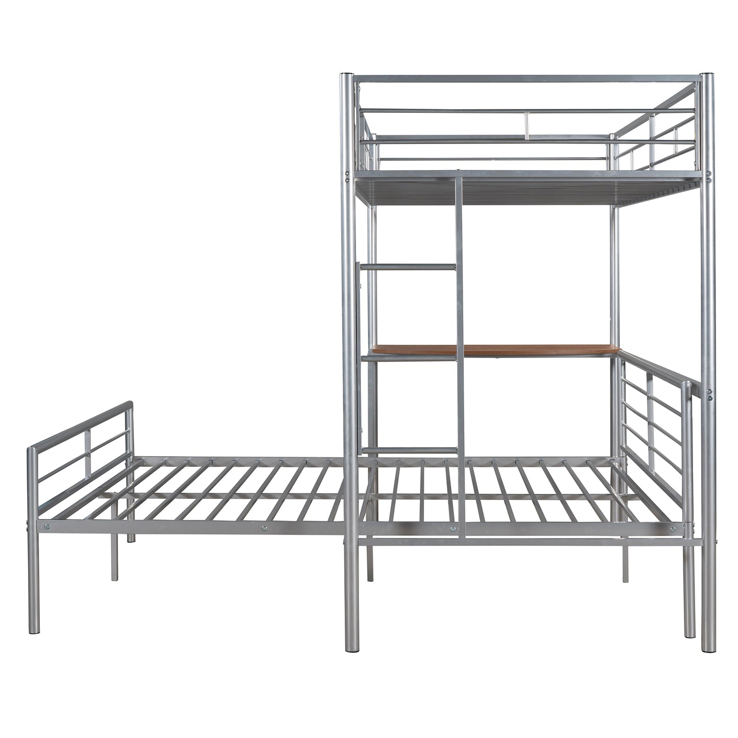 Silver Metal Twin Over Full Loft Bed with Integrated Desk and Ladder