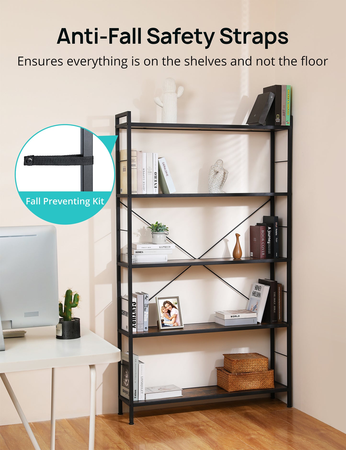 5 Tier Bookshelf, Modern Freestanding Tall Bookcase with Steel Frame, Industrial Wood Book Shelf