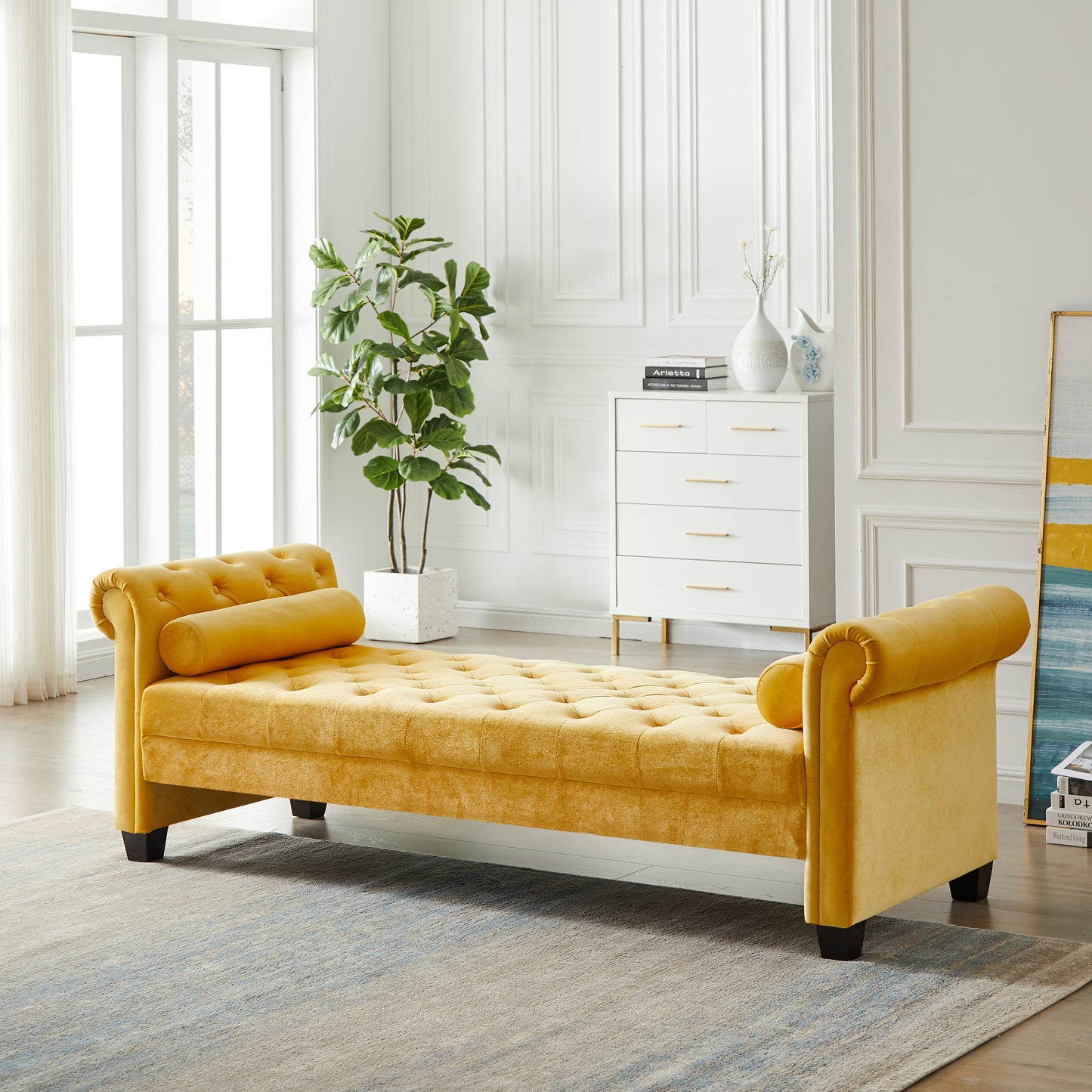 Yellow Pleuche Rectangular Large Sofa Stool with Comfortable Cushions and Armrests