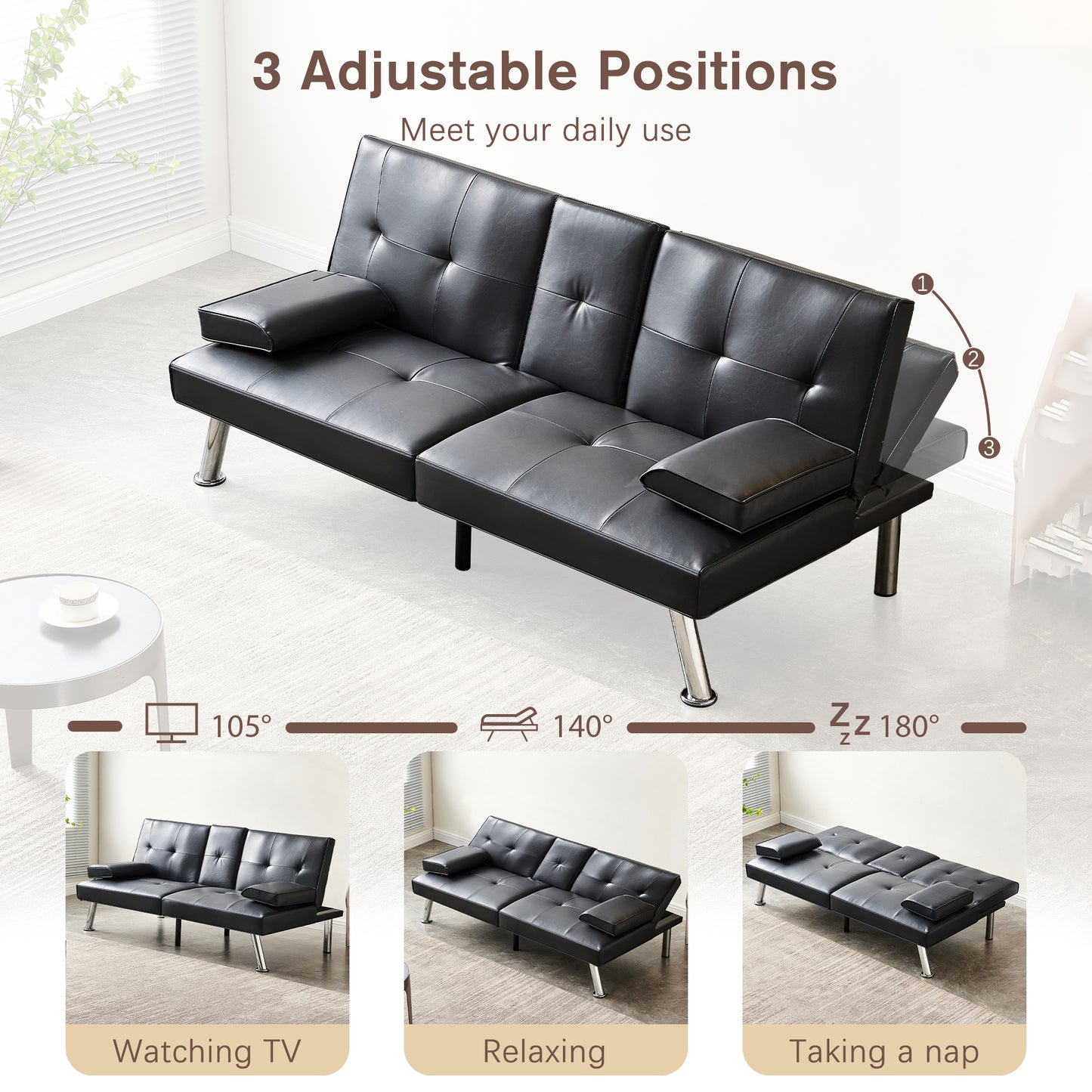 Convertible Sofa Bed Adjustable Couch Sleeper Modern Faux Leather Recliner Reversible Loveseat Folding Daybed Guest Bed, Removable Armrests, Cup Holders, 3 Angles, , Black