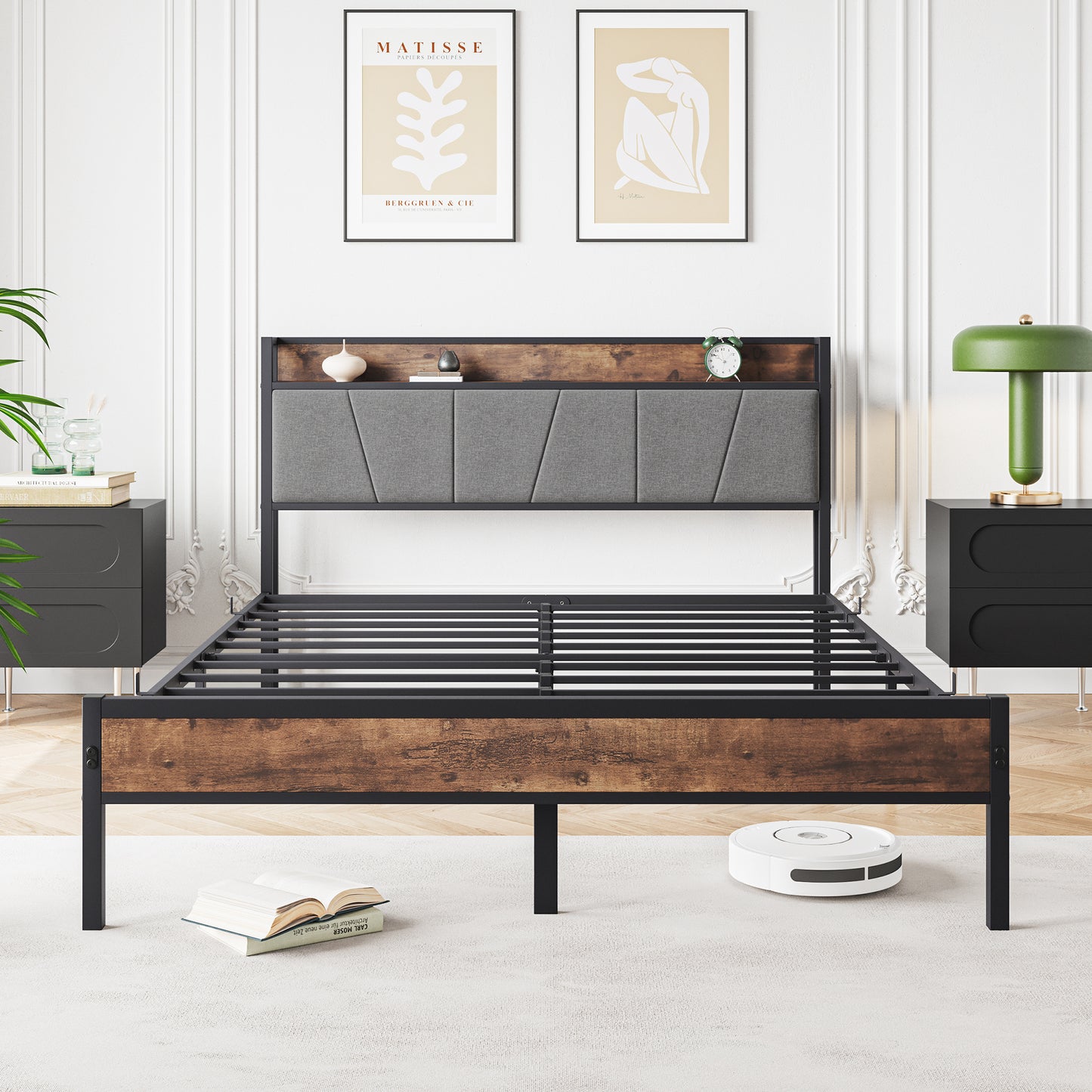 Queen Size Bed Frame, Storage Headboard with Charging Station, Solid and Stable, Noise Free, No Box Spring Needed, Easy Assembly, Vintage Brown and Gray