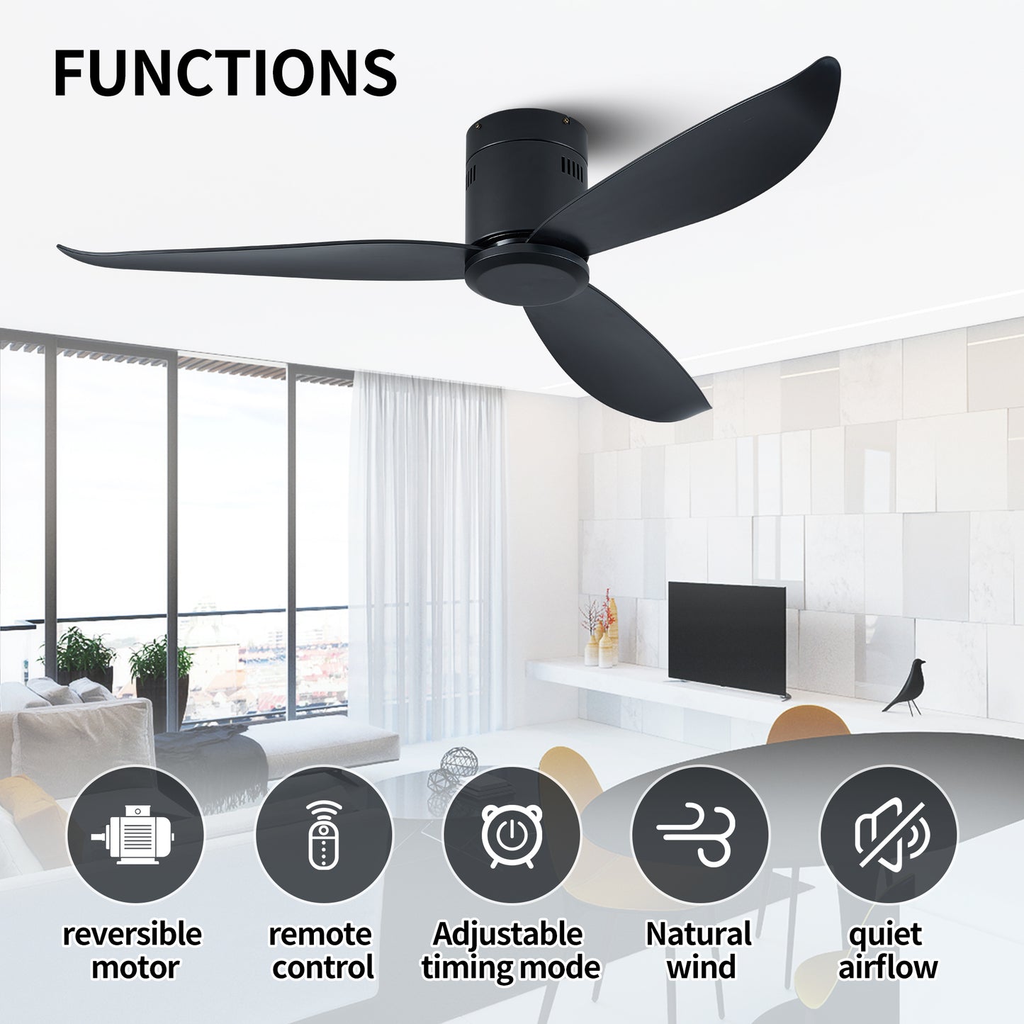 52 Black Flush Mount Ceiling Fan without Lights