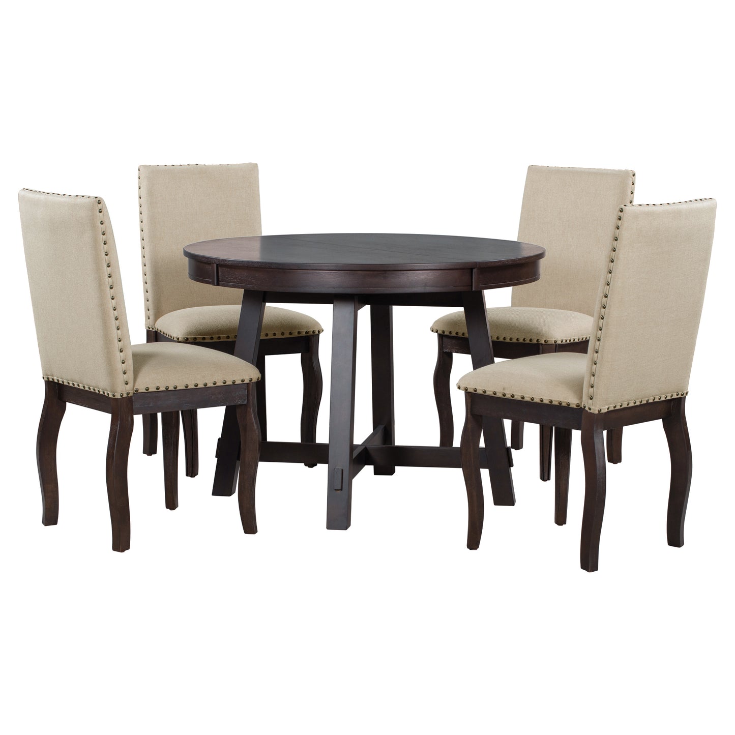 TREXM 5-Piece Farmhouse Dining Table Set Wood Round Extendable Dining Table and 4 Upholstered Dining Chairs (Espresso)