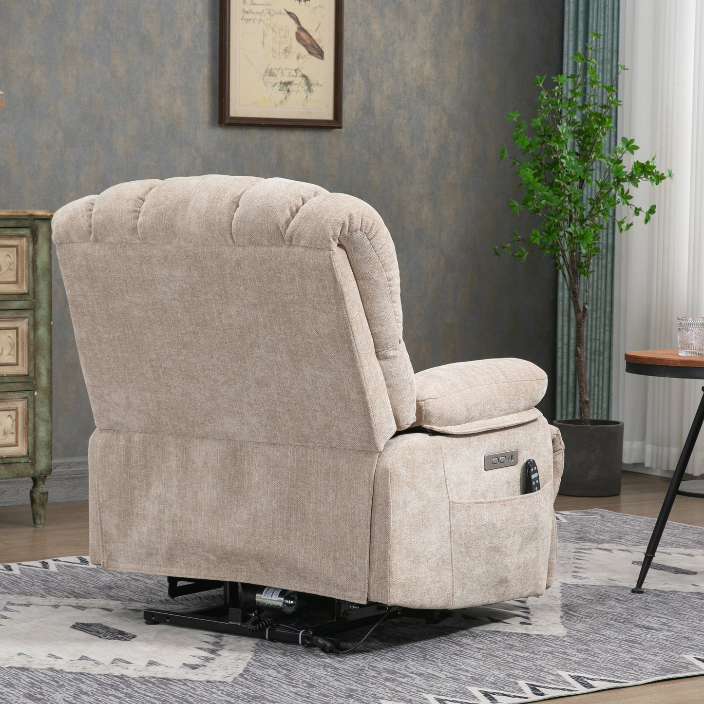 Beige Chenille Power Lift Recliner Chair with Massage, Heat, and USB Port for Extra Large Size