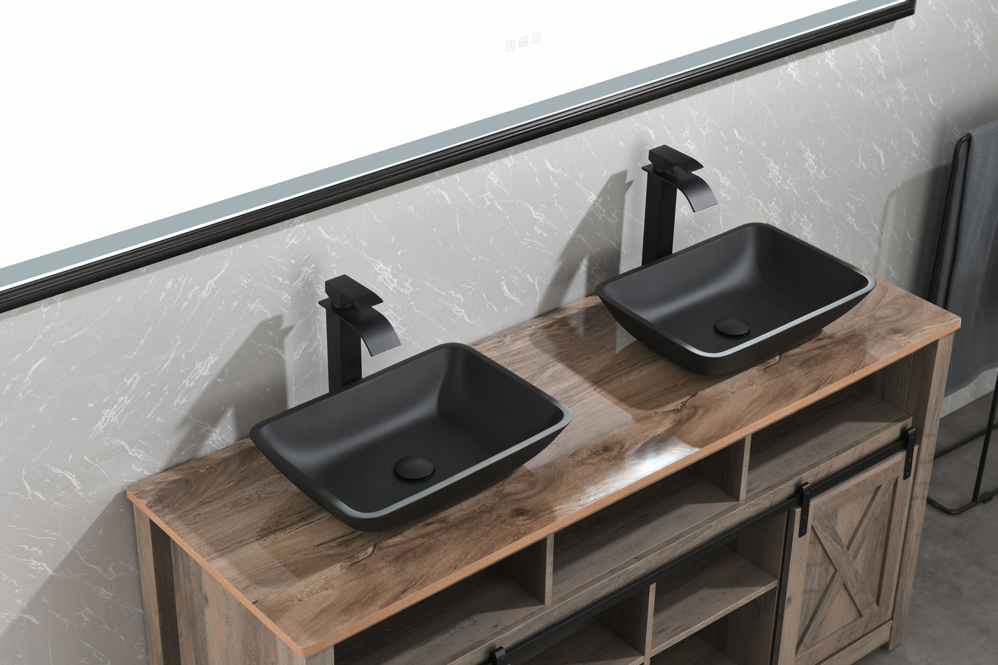 Black Matte Glass Vessel Bathroom Sink Set with Faucet and Drain